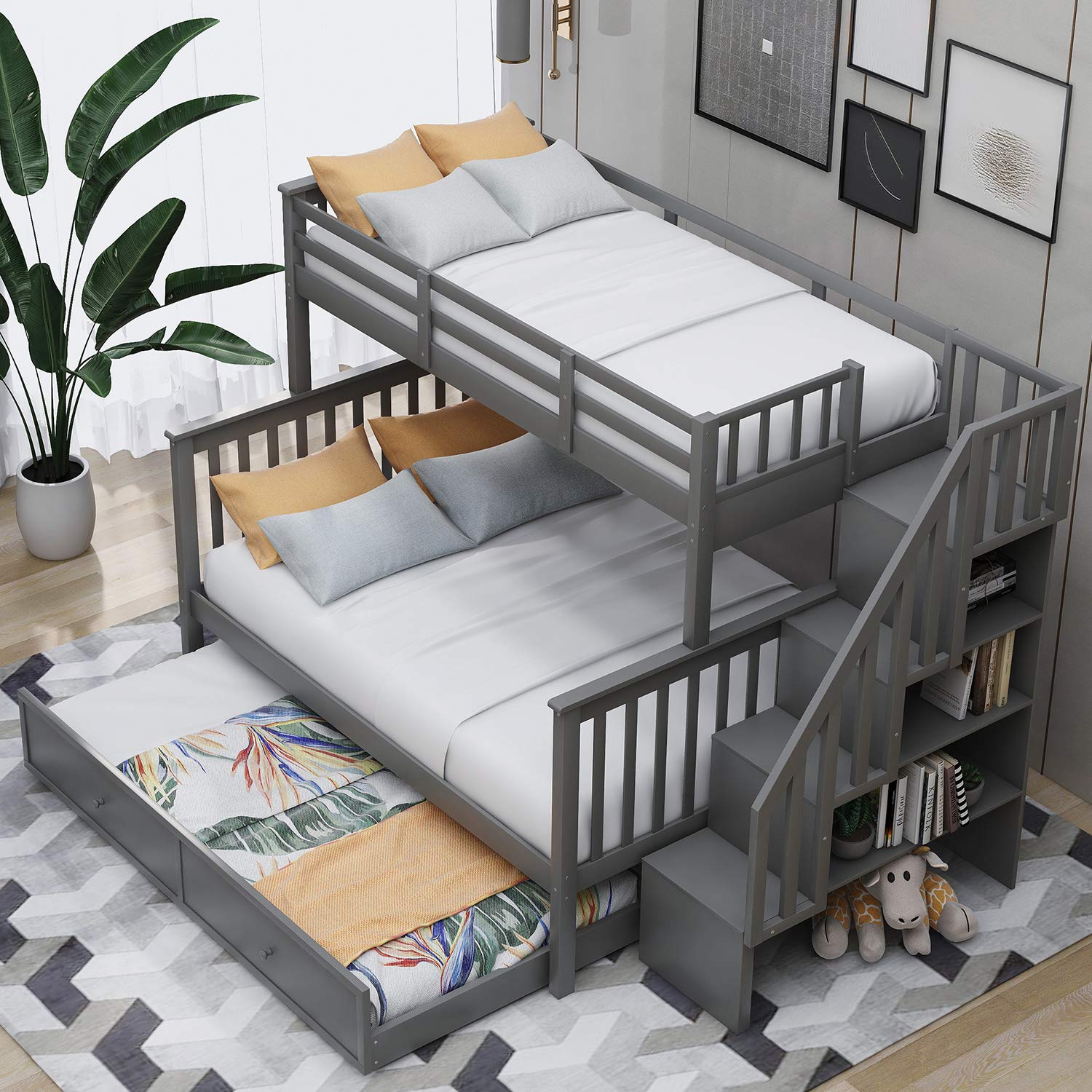 P PURLOVE Twin Over Full Bunk Bed with Twin Trundle - Sturdy Bunk Bed Frame with Stairway Storage & Safety Rails - Space Saving Solution for Bedroom, Dorm, Kids Room & Small Spaces (Gray) - Perfect for Sleepovers, Guest Rooms & Shared Bedrooms