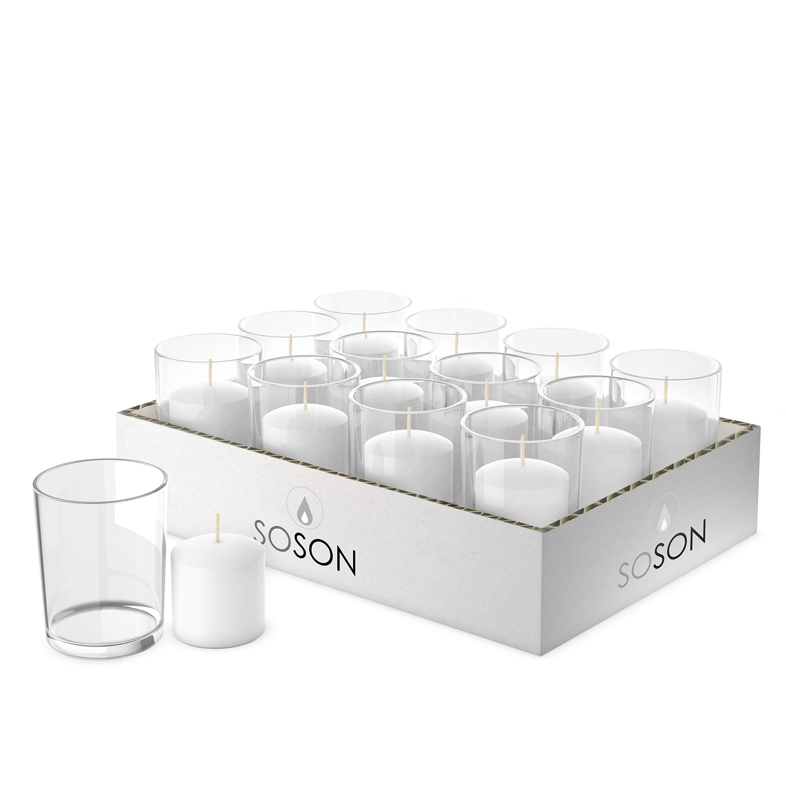 Simply Soson Bulk Unscented Votive Candles - 24 Pack White Small Candles with Glass Holders, 10 Hour Burn Time for Wedding, Birthday, Holiday & Home Decor - Perfect for Centerpieces, Romantic Dinners & Relaxing Ambiance