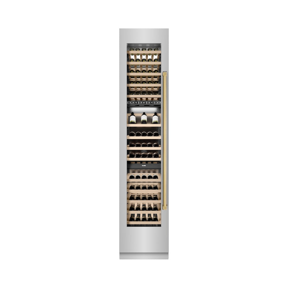 ZLINE Autograph Edition 18-Inch 9.0 cu. ft. Triple Zone 68-Bottle Left Hinge Stainless Steel Wine Cooler with Polished Gold Accents - Perfect for Home Bars, Wine Cellars & Entertaining (RCWVLZ 30418 G)