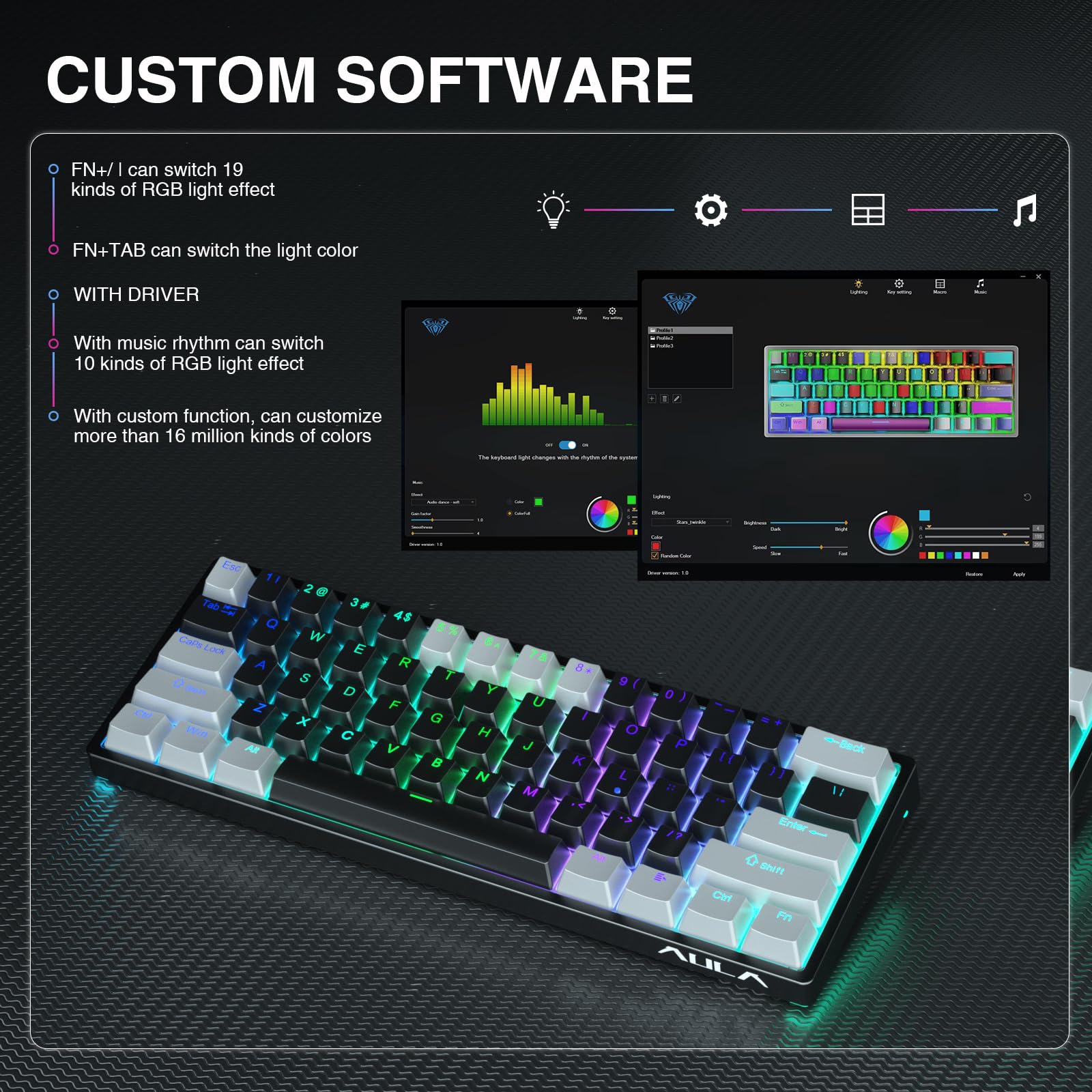AULA F3261 60% Compact Mechanical Gaming Keyboard with Blue Switches, RGB Backlit, Wired USB for PC, Tablet, PS4, Xbox - Perfect for Esports, Typing & Office Work