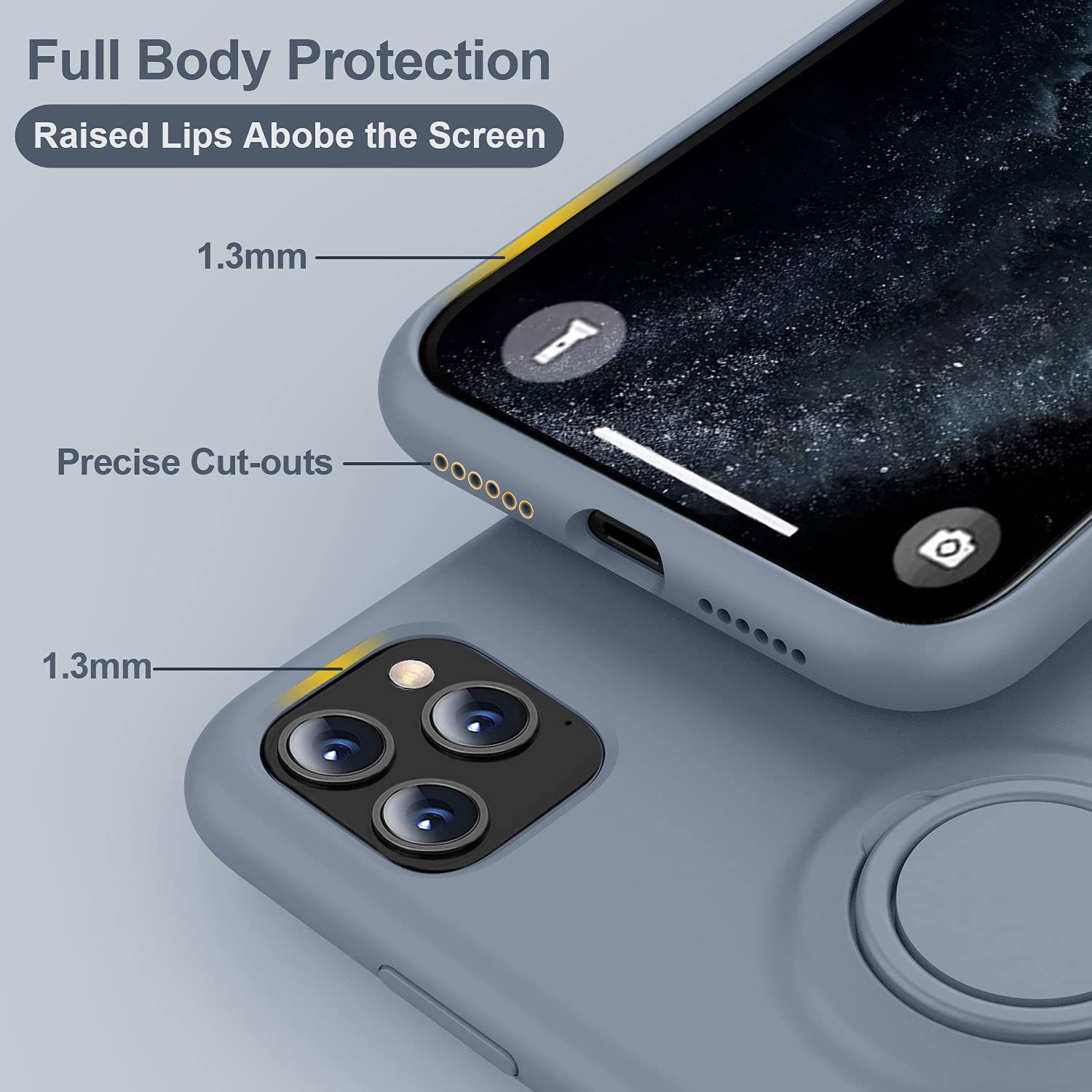 Thomo Liquid Silicone iPhone 11 Pro Max Case with Ring Holder & Kickstand - Anti-Scratch Microfiber Lining, Full Body Protective Cover (Lavender Grey) - Perfect for Work, Travel, and Everyday Use