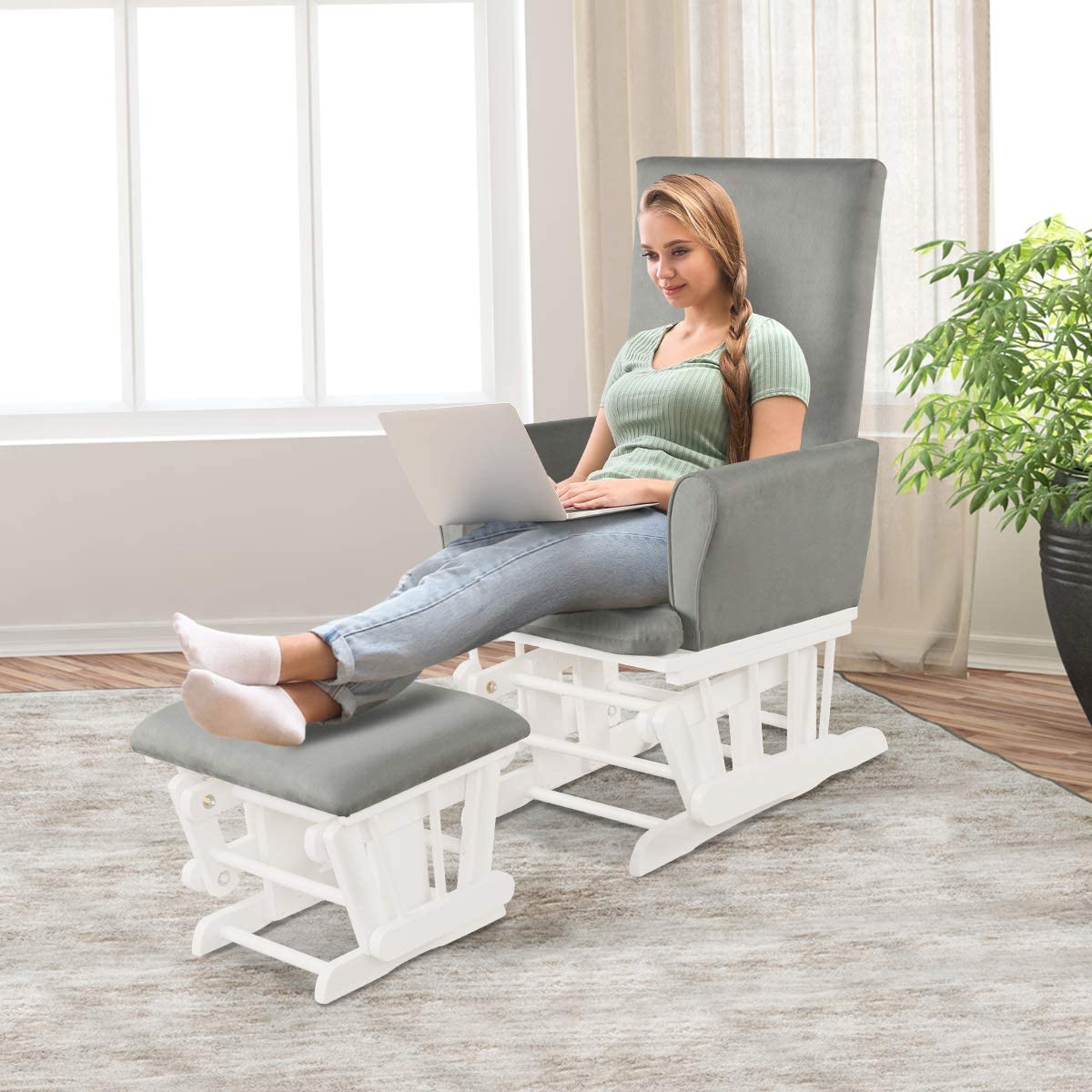 Costzon Baby Glider and Ottoman Set - Gray Upholstered Nursery Rocking Chair with Padded Armrests for Nursing, Napping & Reading | Comfortable Nursery Furniture for Baby's Room & Bedroom