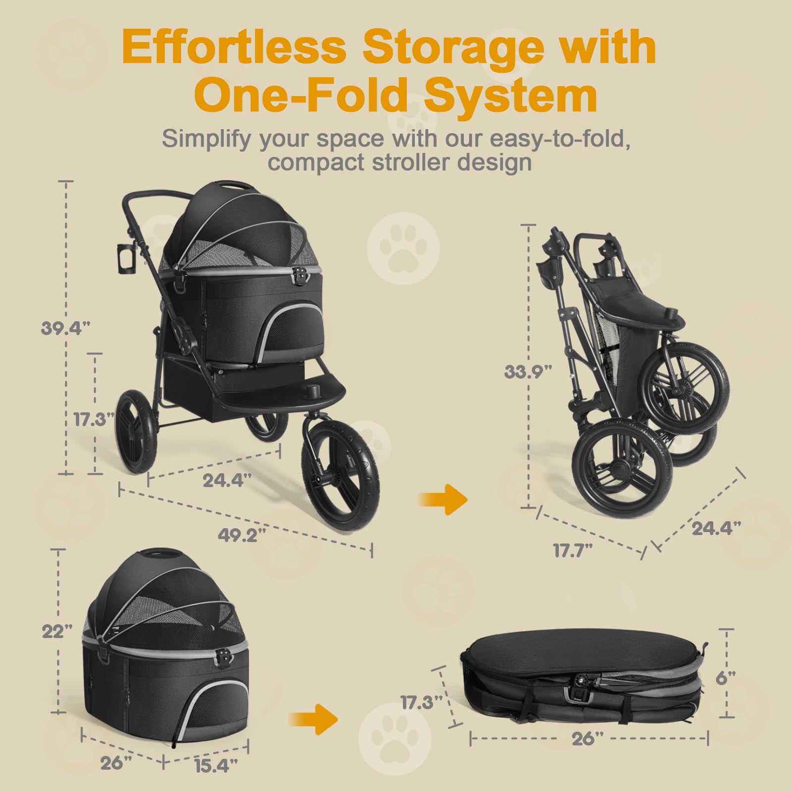 Premium 3-in-1 Dog Stroller for Small & Medium Dogs & Cats - All-Terrain 3-Wheel Jogging Pet Carrier with Removable Basket, Storage Compartment & Cup Holder (Black) - Perfect for Outdoor Walks, Park Visits & Vet Trips