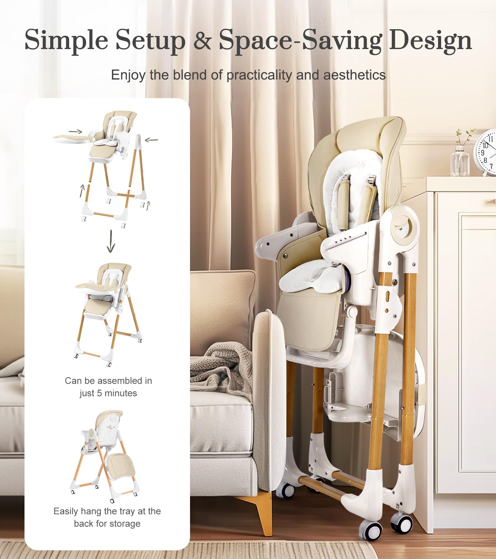 Convertible High Chair for Babies & Toddlers - Adjustable Height, Removable Tray, Reclining Backrest & Footrest - Portable Dining Chair with Locking Wheels - Perfect for Home, Restaurant & Travel Use