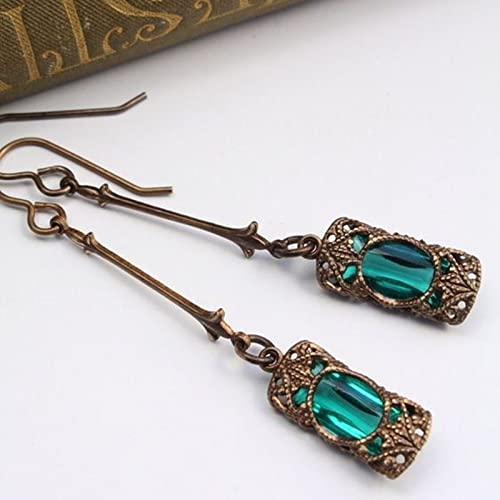 Emerald Green Blue Rhinestone Dangle Earrings for Women - Antique Bronze Drop Earrings, Elegant Party Jewelry Gift - Perfect for Evening Events, Weddings & Special Occasions | Mimir Eco