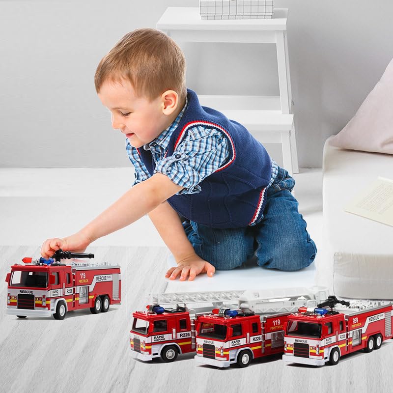 CORPER TOYS 3-Pack Fire Truck Toy Set with Extending Rescue Ladder, Rotating Water Gun, Lights & Siren Sounds – Pull Back Alloy Car Toys for Toddlers, Boys & Girls – Perfect for Birthday Gifts & Pretend Play Firefighter Scenarios