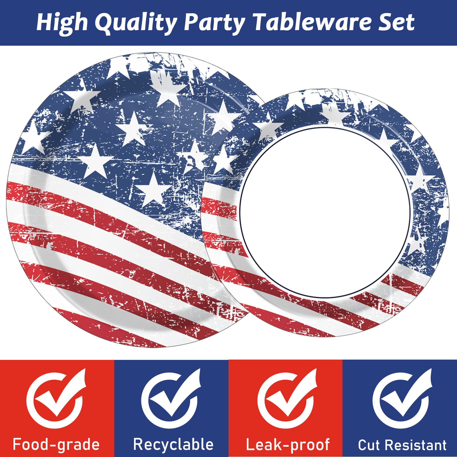 Wiooffen 48-Piece Patriotic Party Paper Plates Set - 4th of July American Flag Themed Disposable Dinnerware for Welcome Home Parties, Holidays & Birthdays (24pcs 9