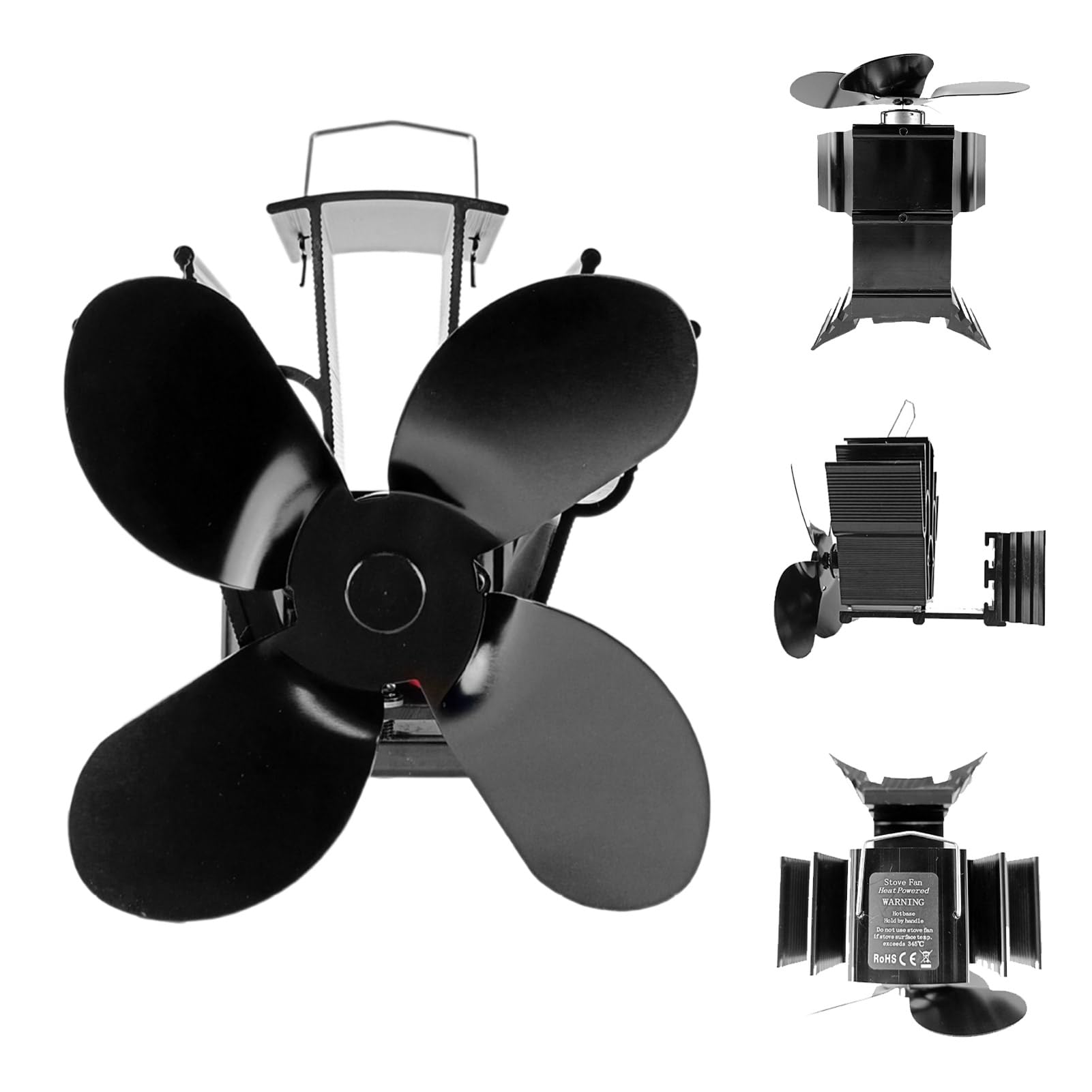Wood Stove Fan - 4 Blade Heat Powered Fan with Overheating Protection for Wood Burning Stove, Gas, Pellet, Log & Propane Fireplaces | Wall Mounted Fireplace Fan for Efficient Heat Distribution in Living Rooms, Cabins & Outdoor Spaces