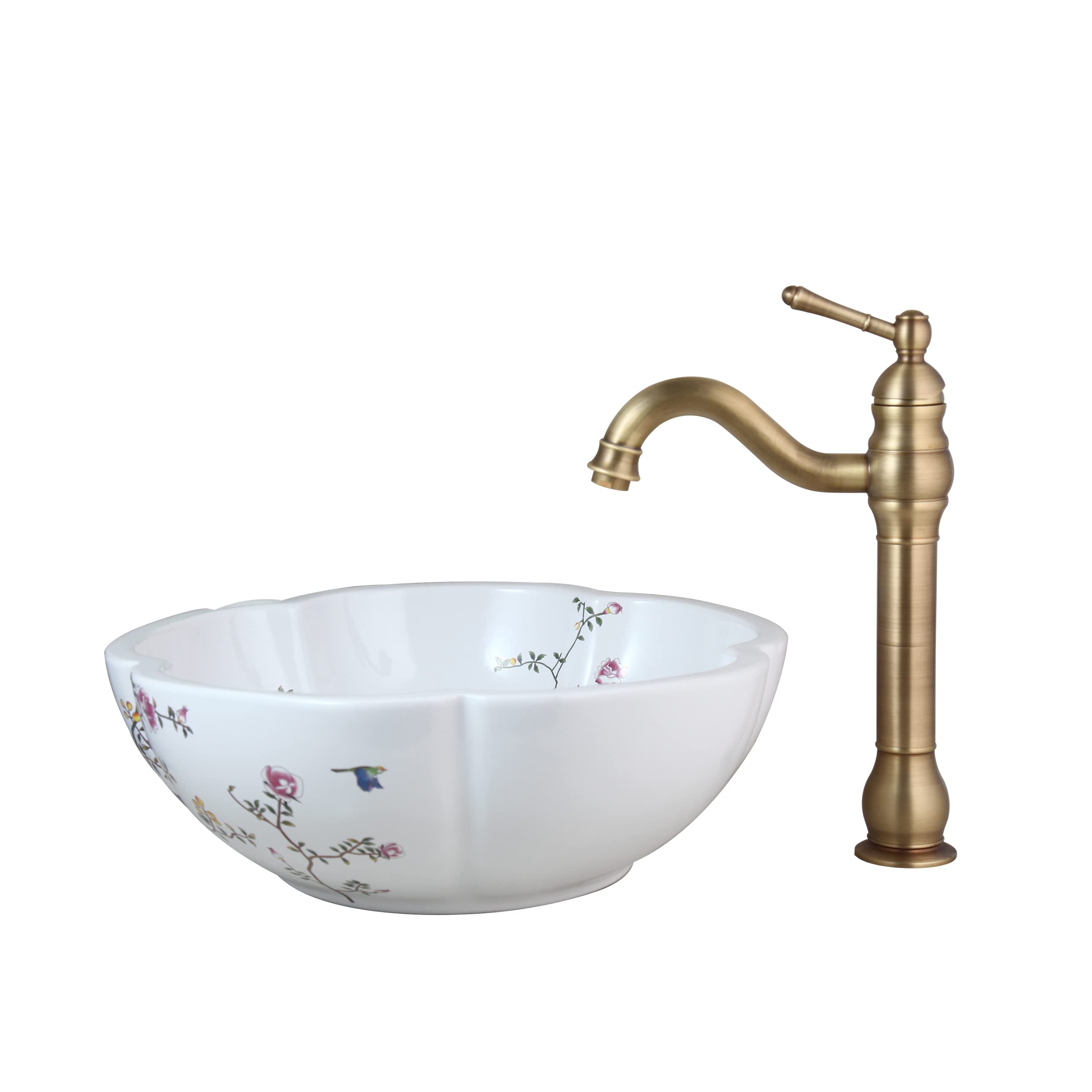 Antique Brass Faucet Round White Ceramic Vessel Sink with Floral Bird Design - Above Counter Bathroom Basin for Vanity, Powder Room & Farmhouse Decor