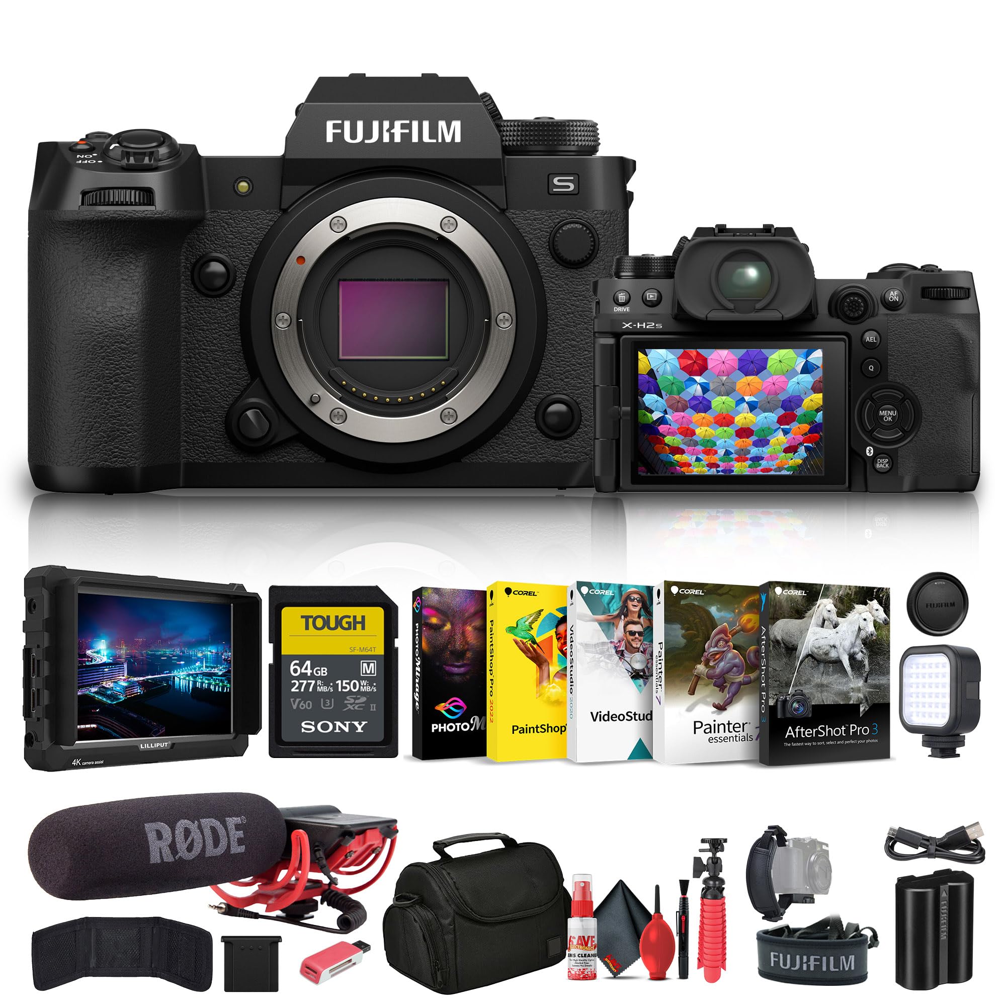 Fujifilm X-H2S Mirrorless Digital Camera with 4K Monitor, Rode VideoMic Pro, 64GB SD Card, Camera Bag, LED Light & Complete Accessory Kit - Perfect for Vlogging, Photography & Professional Video Production