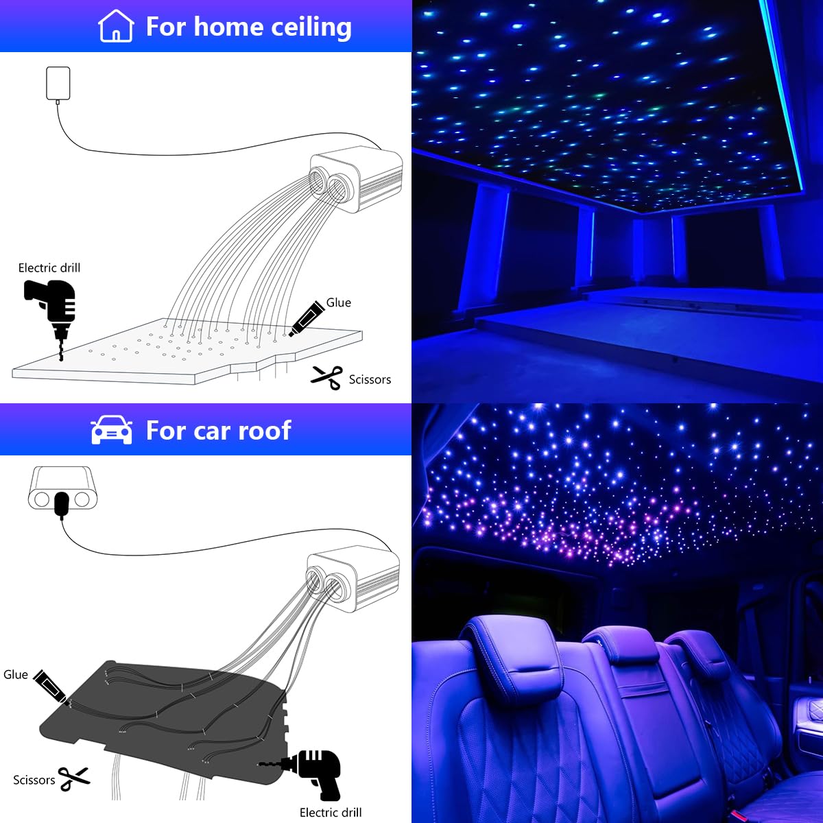 AMKI Twinkle 16W Fiber Optic Star Ceiling Light Kit - 450pcs 0.03in 9.8ft Strands with RGBW Bluetooth/APP Control - Perfect for Car Headliner & Home Ceiling Decor - Sound Activated Starlight Kit for Bedroom, Theater & Party Lighting