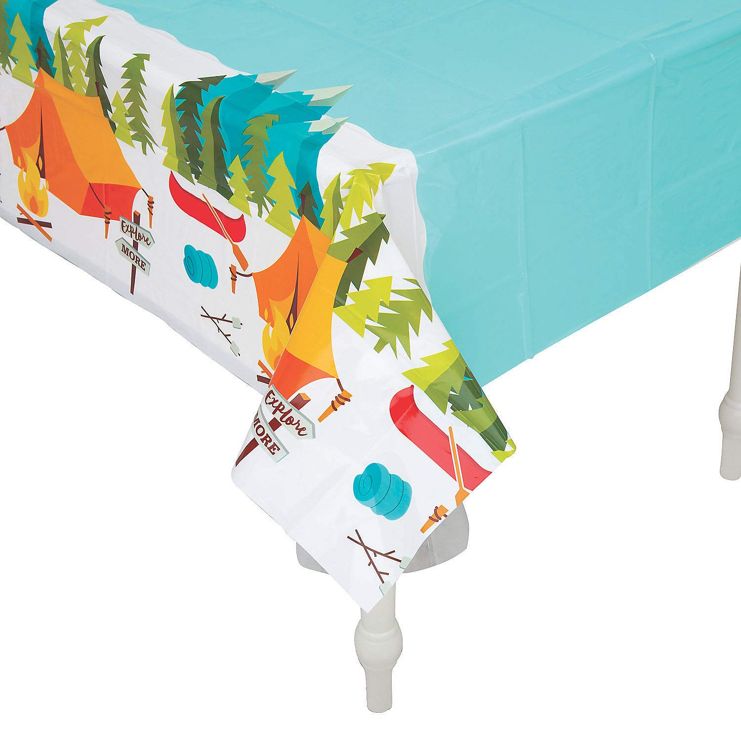 Fun Express Camp Party Plastic Tablecloth - Waterproof Disposable Table Cover for Birthday, Picnic, BBQ, VBS Vacation Bible School Supplies & Decor - 1 Piece