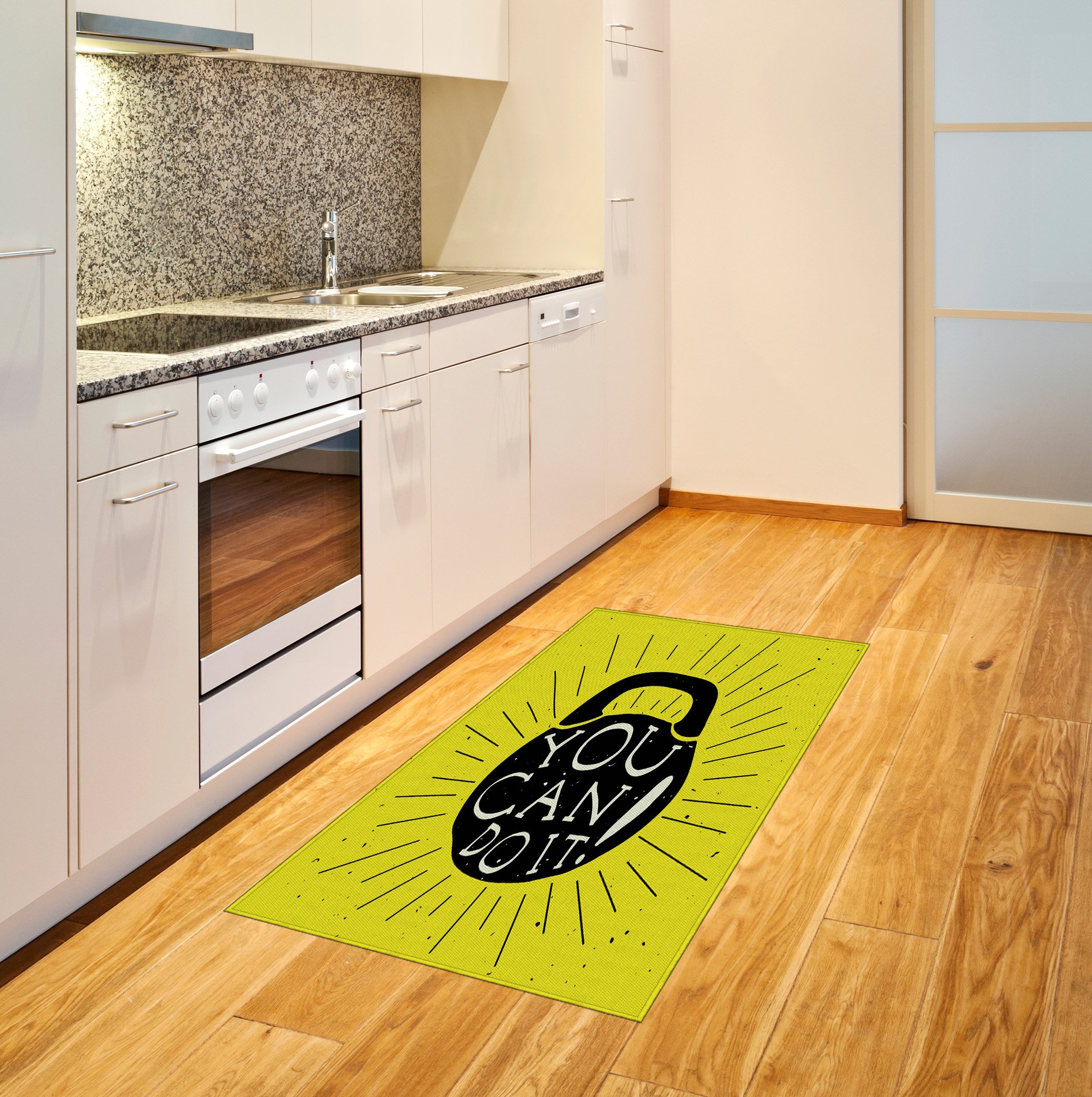 Ambesonne Fitness Motivational Area Rug - Hand Drawn Kettlebell Design with 'You Can Do It' Message, Non-Slip Flat Woven Accent Rug for Gym, Home Office, Living Room, Bedroom - 2'6
