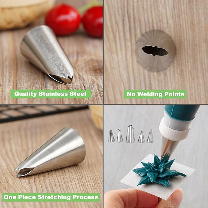 6 Pcs Leaf Icing Nozzles - Stainless Steel Cake Decorating Tips for Baking, Pastry & Fondant - with Cleaning Brush - Perfect for DIY Desserts & Party Cakes
