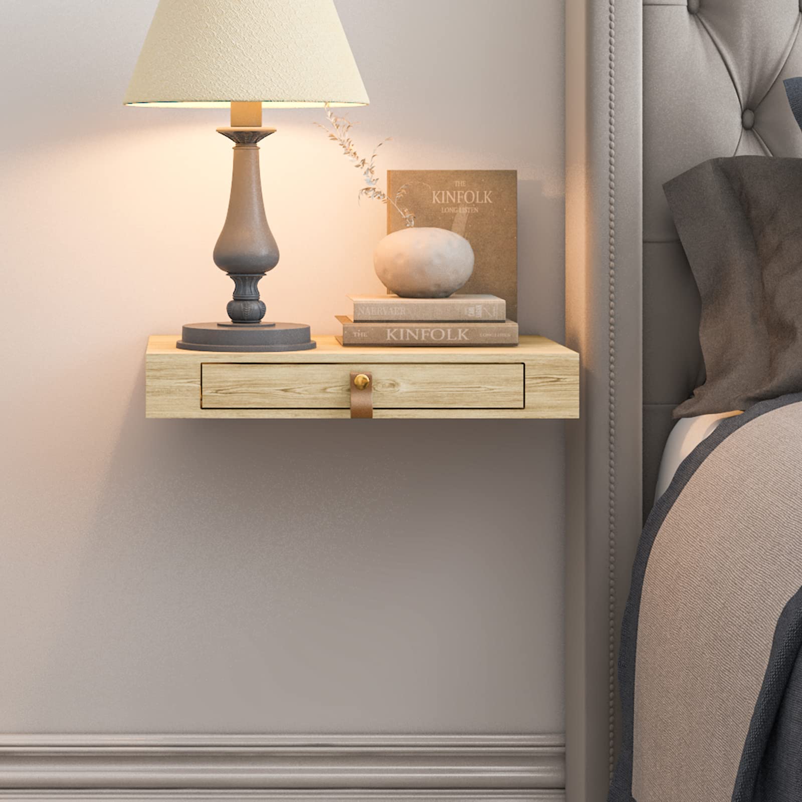 Floating Nightstand with Drawer - Wall Mounted Shelf for Bedroom, Bathroom, Living Room & Kitchen - Natural Wood Wall Decor Shelf - Perfect for Small Spaces, Modern Home Decor & Space Saving Storage Solutions