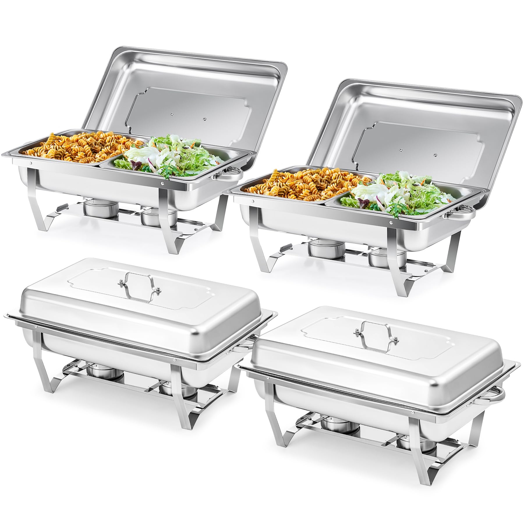 Stainless Steel Chafing Dish Buffet Set - 4 Pack 8 Qt Catering Warmers with 8 Half Size Food Pans, 4 Lids & Foldable Frames - Perfect for Parties, Buffets, Banquets, Weddings & Catering Events - Keep Food Warm for Hours