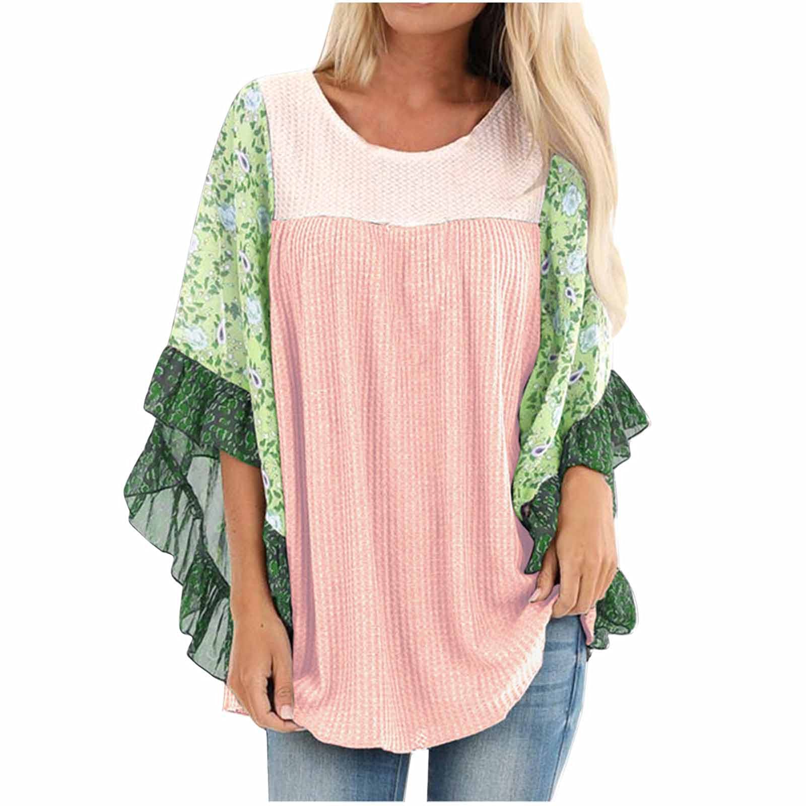 Women's 3/4 Batwing Sleeve Crewneck T-Shirt - Floral Color Block Loose Blouse, Waffle Knit Fall Top for Casual Wear & Layering Outfits | Perfect for Autumn Fashion, Weekend Outings and Office Casual Looks