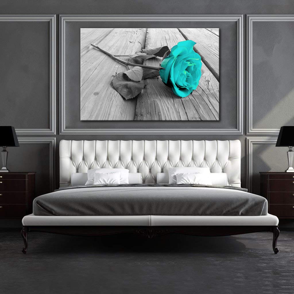 Modern Floral Canvas Wall Art - Black White Teal Rose Flower on Grey Wooden Board, Stretched & Framed Ready to Hang | Home Decor for Living Room, Bedroom, Bathroom | Perfect for Farmhouse, Boho & Contemporary Interior Design
