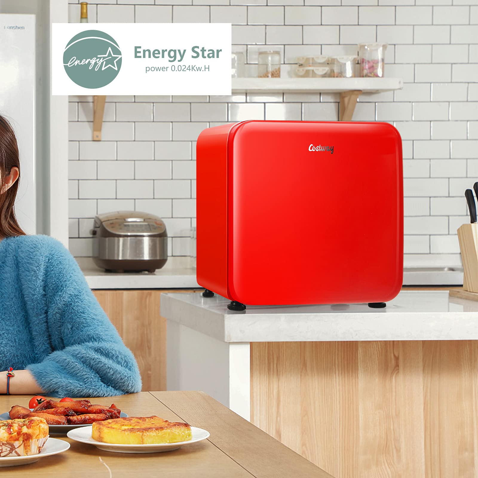 COSTWAY 1.6 cu ft Compact Refrigerator - Single Door Mini Fridge with Adjustable Temperature (32℉-50℉), Auto Defrost, Reversible Door & Removable Glass Shelves - Perfect for Bedroom, Dorm, Office or RV (Red)