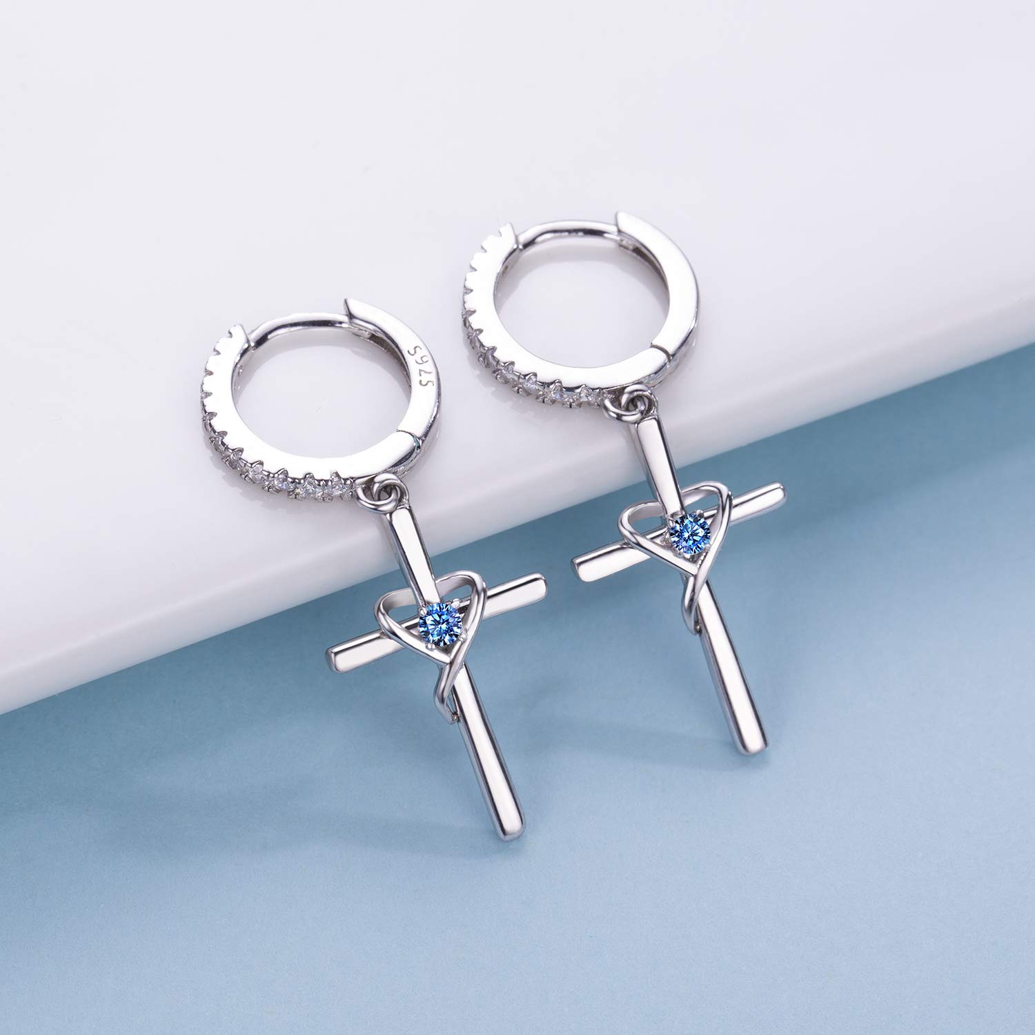 AmorAime 925 Sterling Silver Heart & Cross Dangle Earrings for Women - 14k Gold Plated Birthstone Jewelry - Perfect for Easter Gifts, Birthday Presents & Everyday Wear