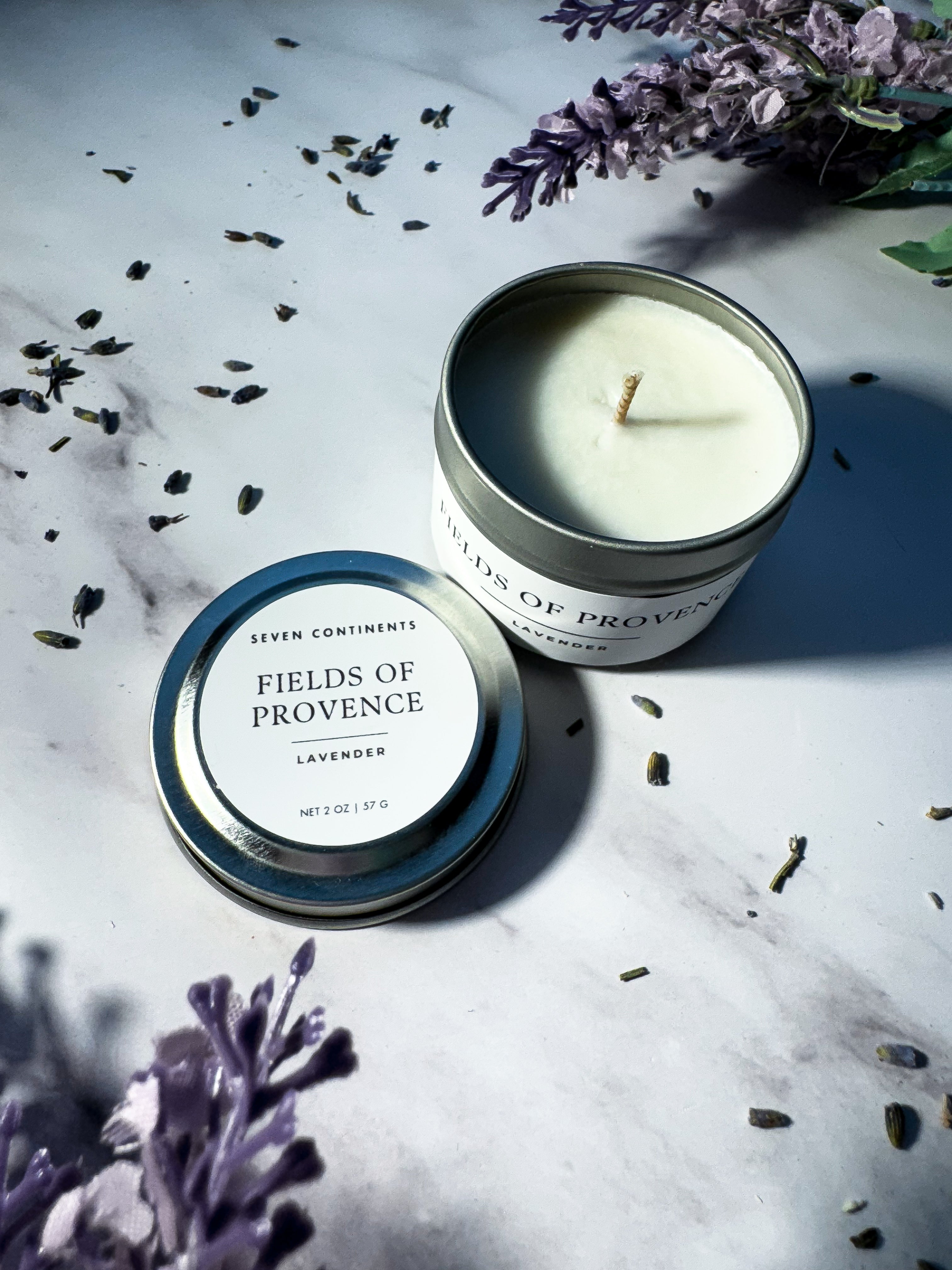 Fields of Provence Soy Wax Mini Candle - French Lavender Scented Travel Candle for Home, Office & Relaxation
