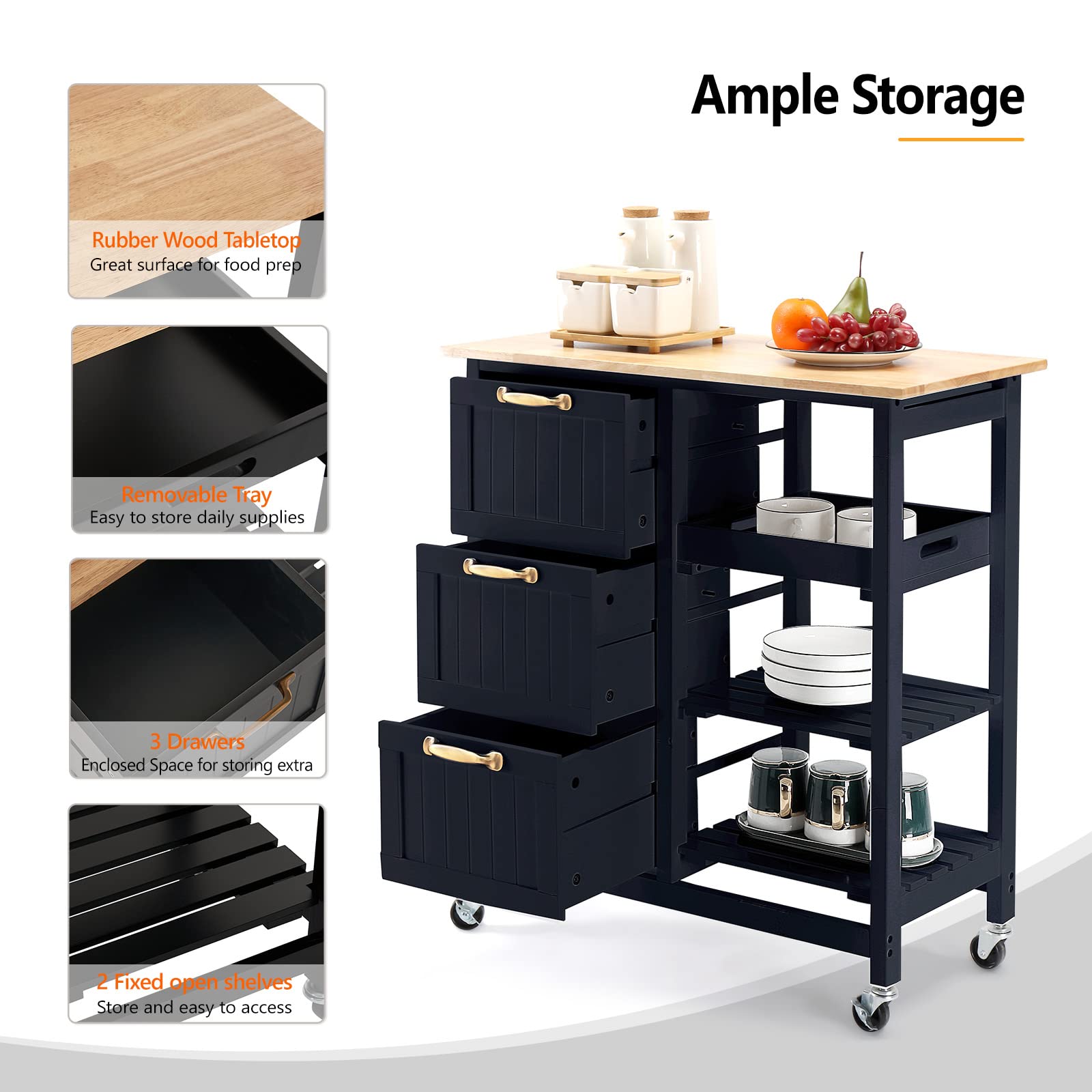 VINGLI Kitchen Island Cart with 3 Drawers, 2 Tier Holders & Removable Tray - Black Rolling Storage Cabinet with Solid Wood Top for Small Kitchen, Microwave Trolley, Home Serving Bar Cart | Perfect for Kitchen Organization, Entertaining & Space-Saving Storage