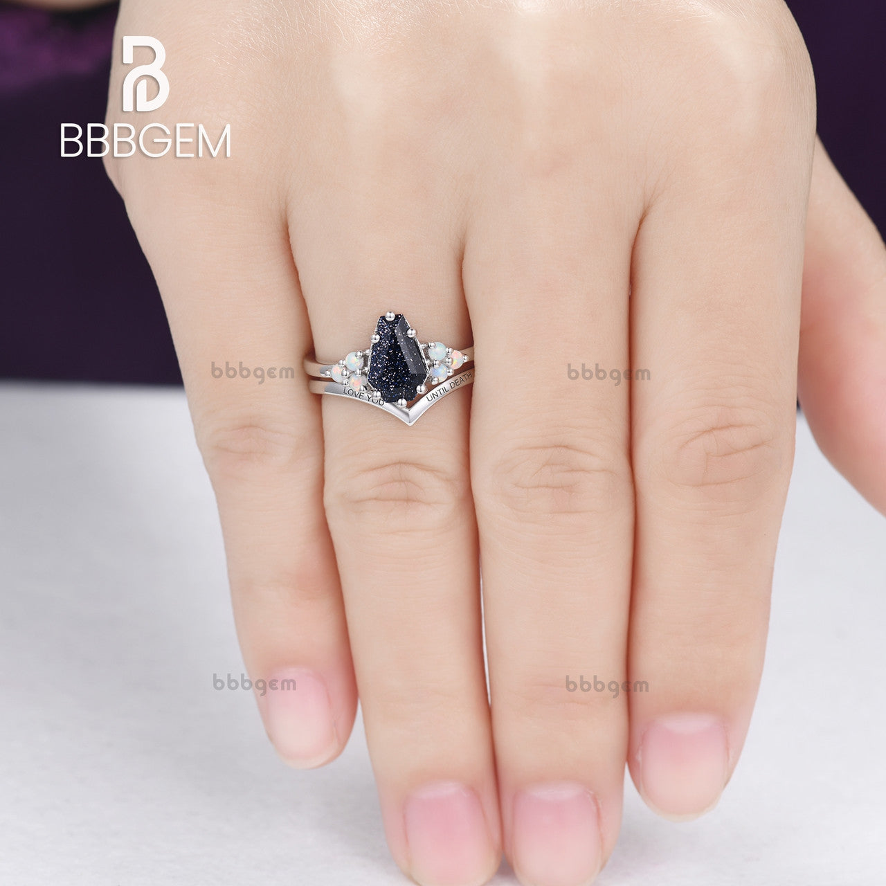 Gothic Coffin Blue Goldstone & Sandstone Ring Set - Engraved White Gold Nesting Band for Women - Perfect for Halloween, Gothic Fashion & Dark Aesthetic Jewelry Lovers