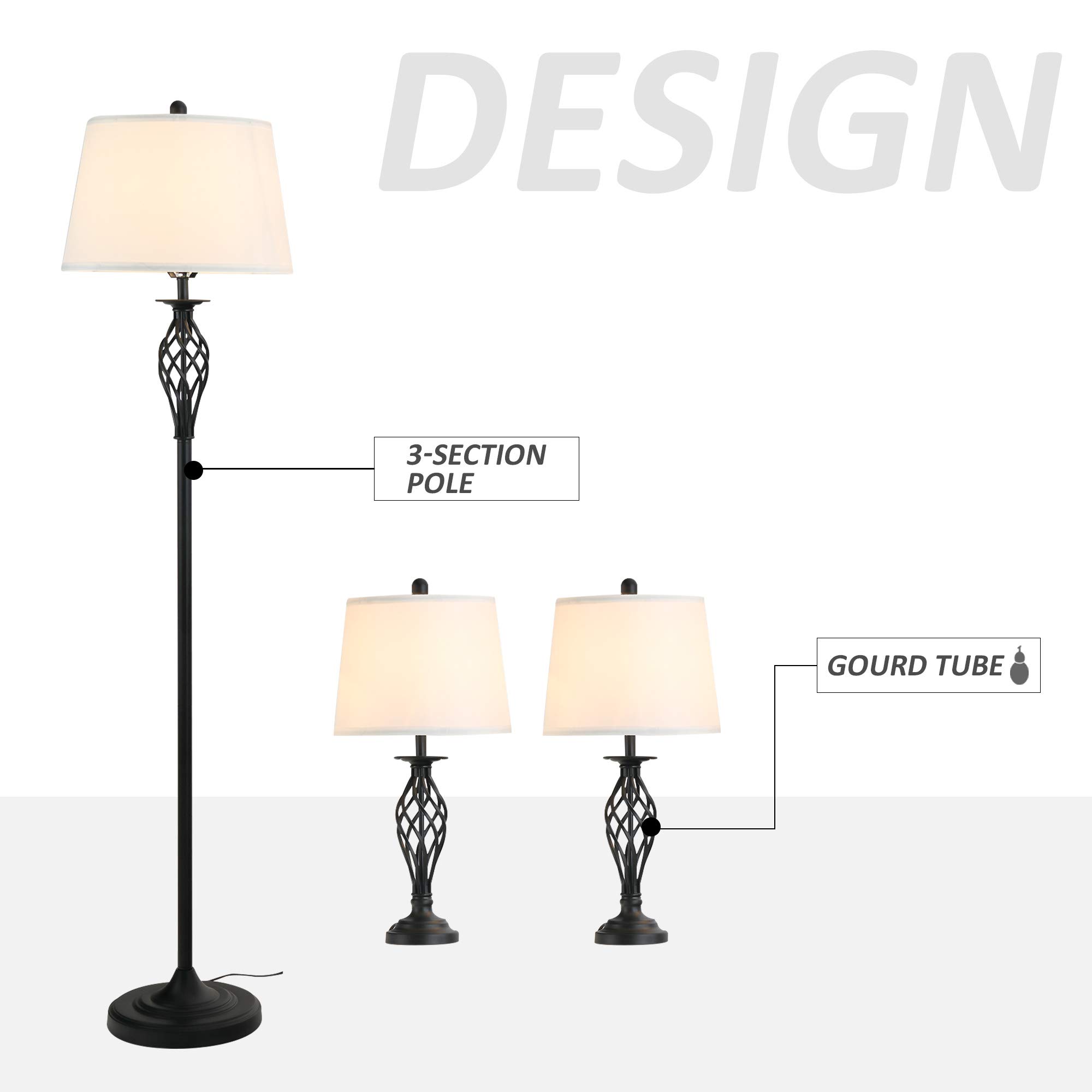 HOMCOM 3-Piece Modern Table & Floor Lamp Set - Metal Pole, Round Base, Fabric Lampshade - Black/White Lighting for Living Room, Bedroom & Office Decor