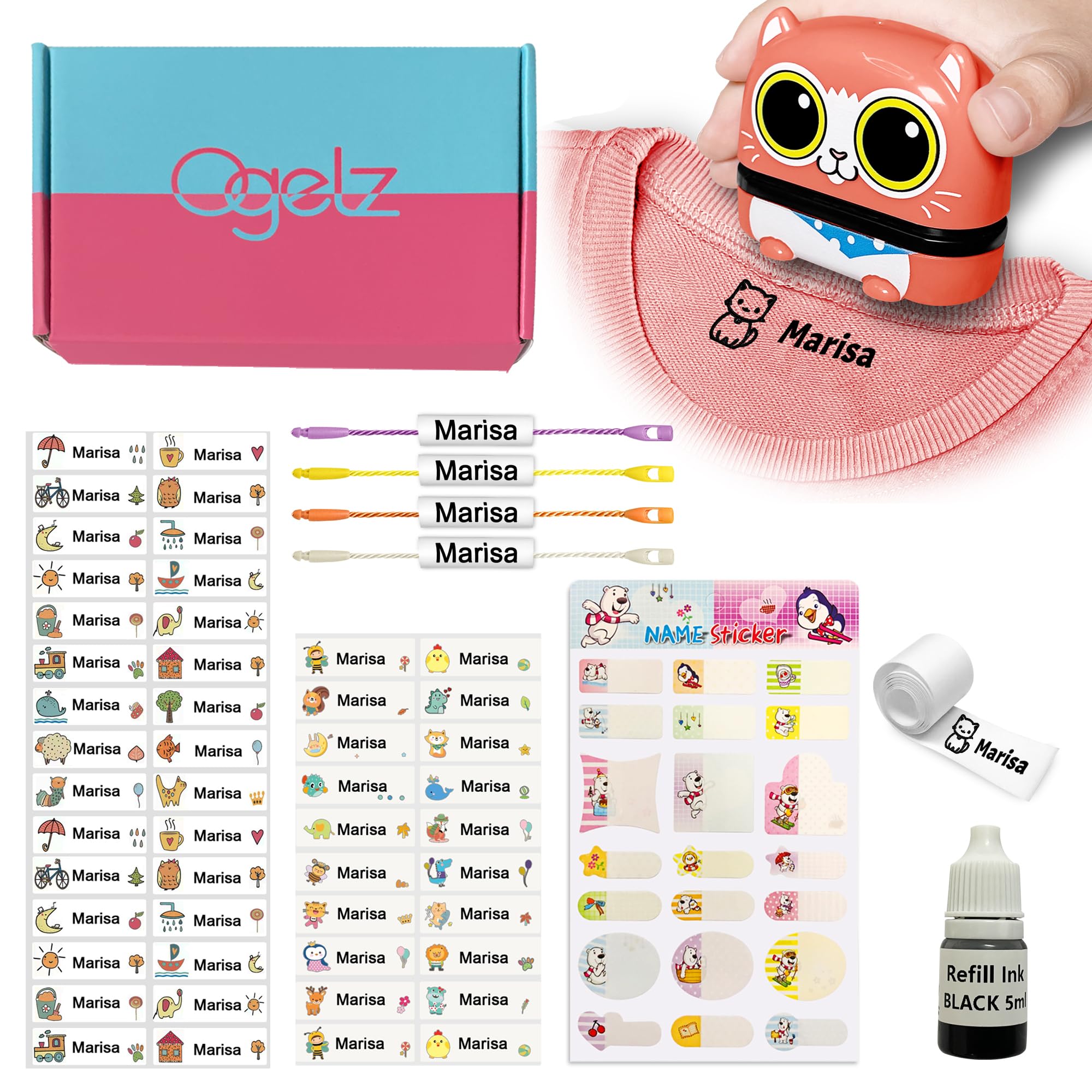 Personalized Name Stamp for Kids Clothes - Custom Washable & Dryer Safe Clothing Labels - Cute Animal Design (Lovely Cat) - Perfect for Daycare, Preschool & Nursing Home Organization