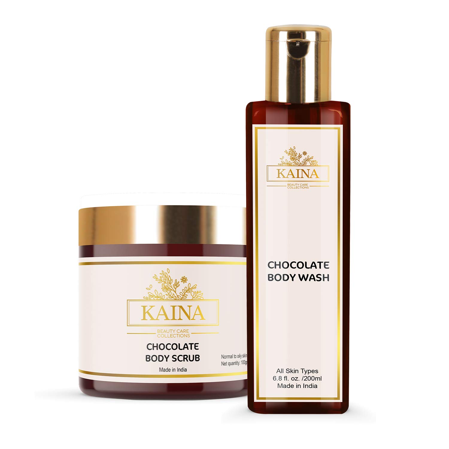 Kaina Skincare Chocolate Combo Set - 2 Piece Body Scrub (100g) & Body Wash (200ml) for Exfoliation & Hydration | Spa Day at Home, Gift for Her, Self Care Routine
