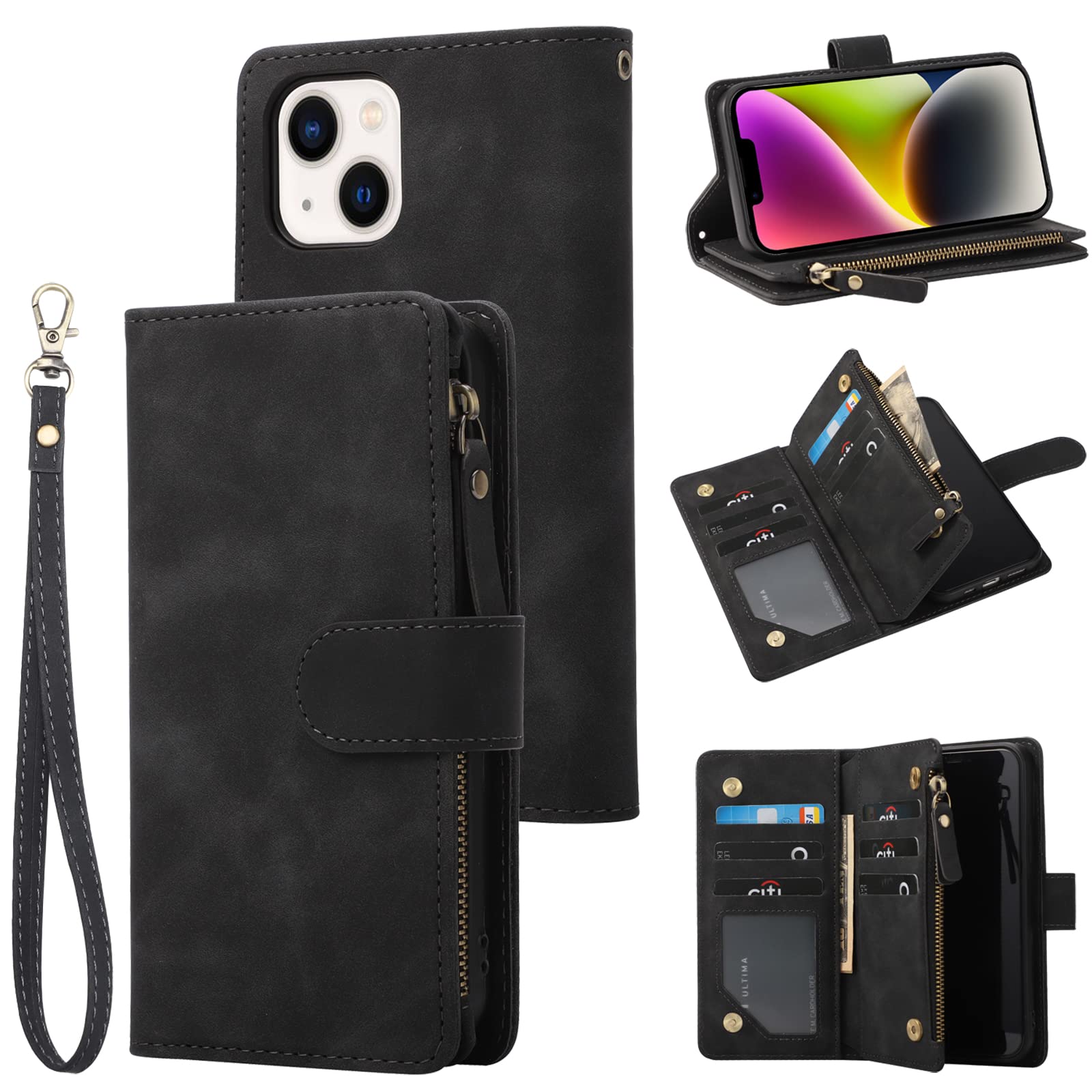 Premium PU Leather Zipper Wallet Case for iPhone 13 Mini (5.4 inch) - RFID Blocking Flip Folio with Magnetic Closure, Wrist Strap & Built-in Kickstand | Protective Phone Cover for Everyday Use, Travel & Business (Black)