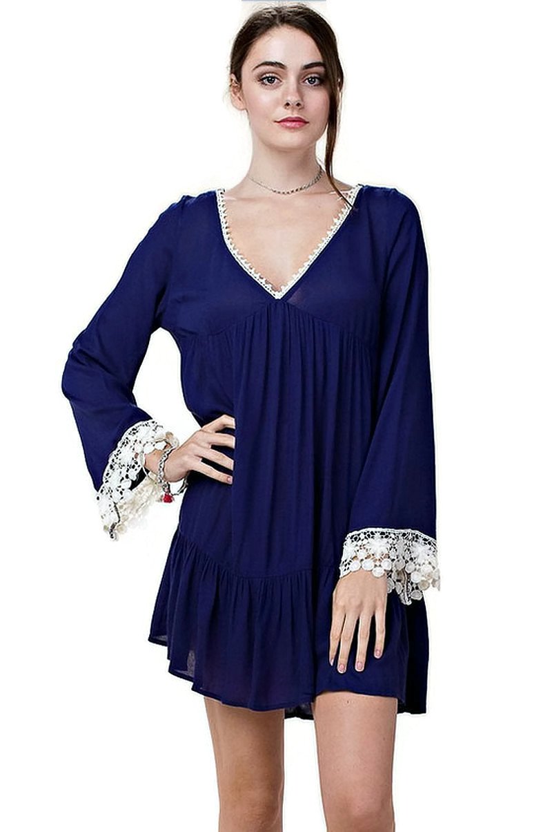 Kori America Bohemian Bell Sleeve Lace Tunic Dress for Women | Flowy Summer Maxi Dress with Embroidery Details | Perfect for Beach Vacation, Music Festival & Boho Chic Outfits