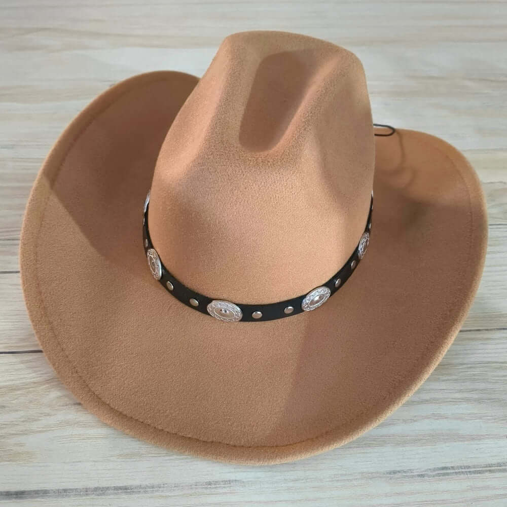 Western Style Leather Belt with Pointed Cowboy Fedora Hat Set - Vintage Cowboy Accessories for Men & Women - Perfect for Rodeo, Country Music Festivals & Western Theme Parties