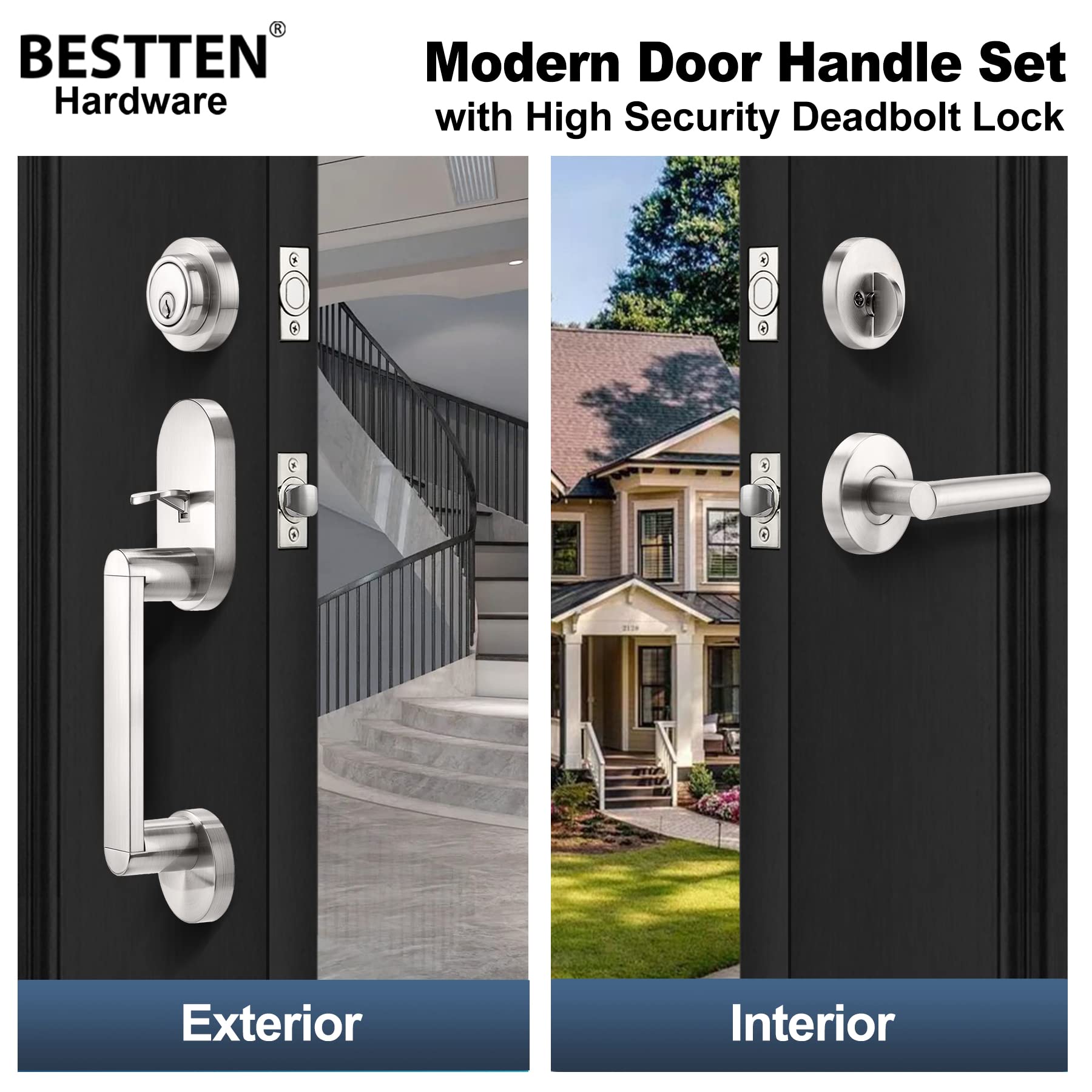 BESTTEN Heavy Duty Front Entry Door Handle Set with Single Cylinder Deadbolt Lock & Reversible Lever - Satin Nickel Finish | Secure Home & Office Door Hardware for Enhanced Safety