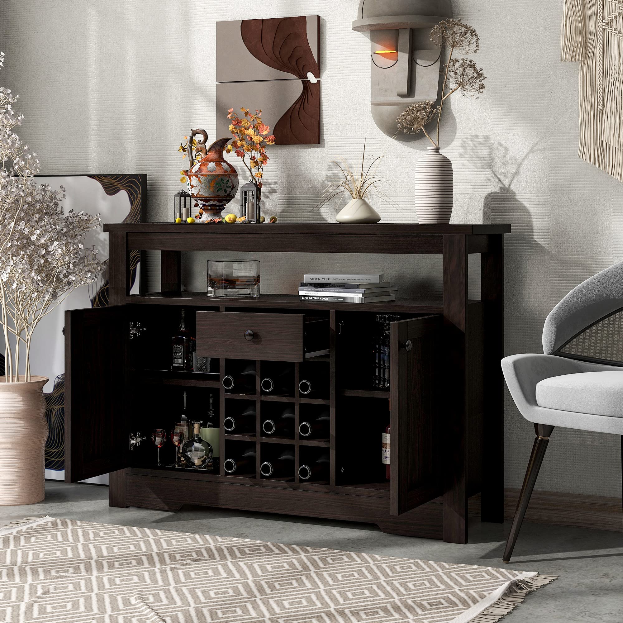 Modern Wood Accent Buffet Sideboard with Double-Tier Tabletop & 9-Bottle Wine Storage Cabinet - Espresso Finish for Entryway, Kitchen, Dining Room & Living Room Decor