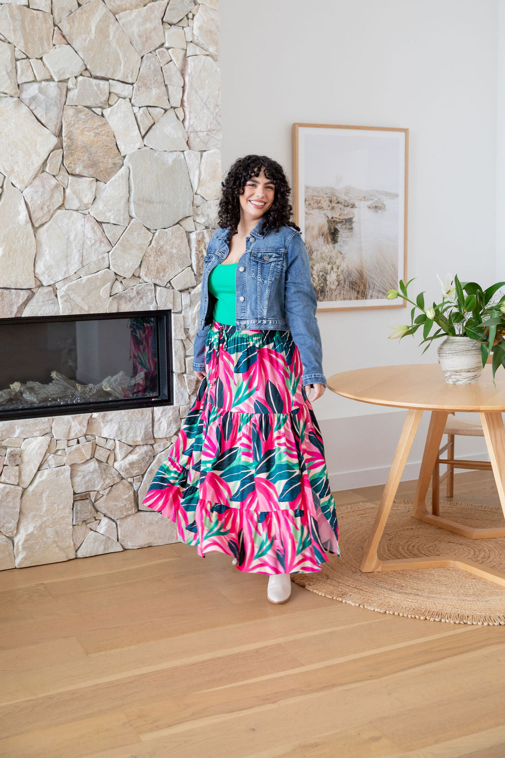 Carrie Skirt in Jungle Pink - Women's Floral A-Line Midi Skirt with Pockets | Perfect for Spring Outfits, Office Wear & Casual Dates