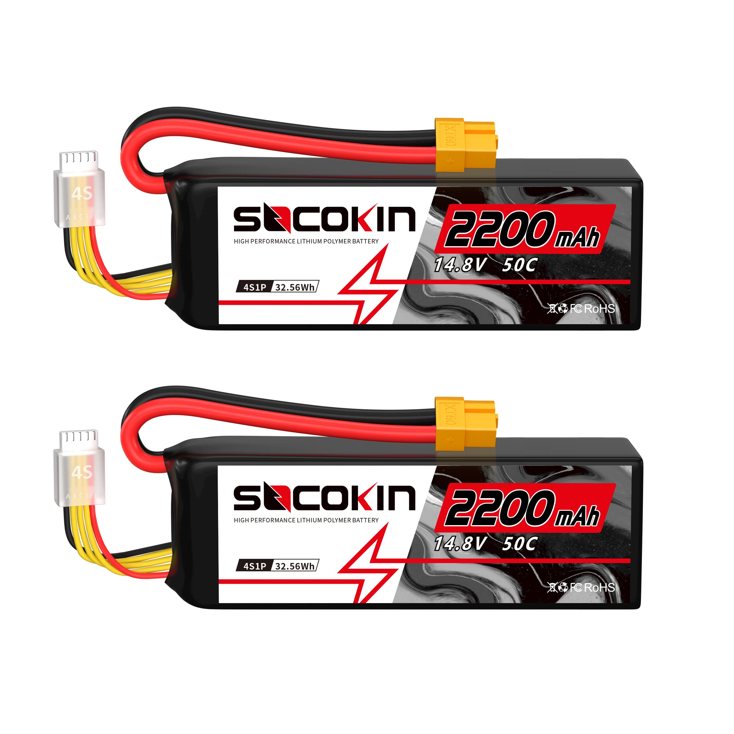 4S Lipo Battery 2200mAh 14.8V 50C with XT60 Plug - High Performance RC Battery for Drones, Airplanes, Cars & Boats (2 Pack) - Perfect for FPV Racing, Aerial Photography and RC Hobbyists