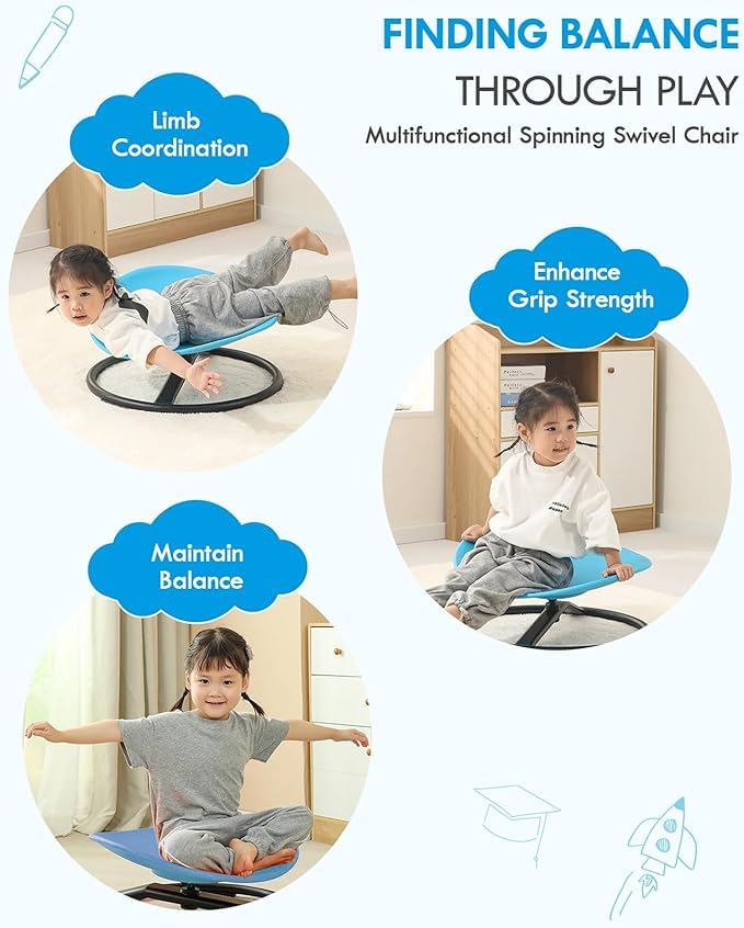 360° Swivel Chair for Kids - Sensory Spinning Chair with Body Balance Therapy Benefits, Autism & Montessori Learning Toy - Blue Spin Seat for Playrooms, Classrooms & Home Use