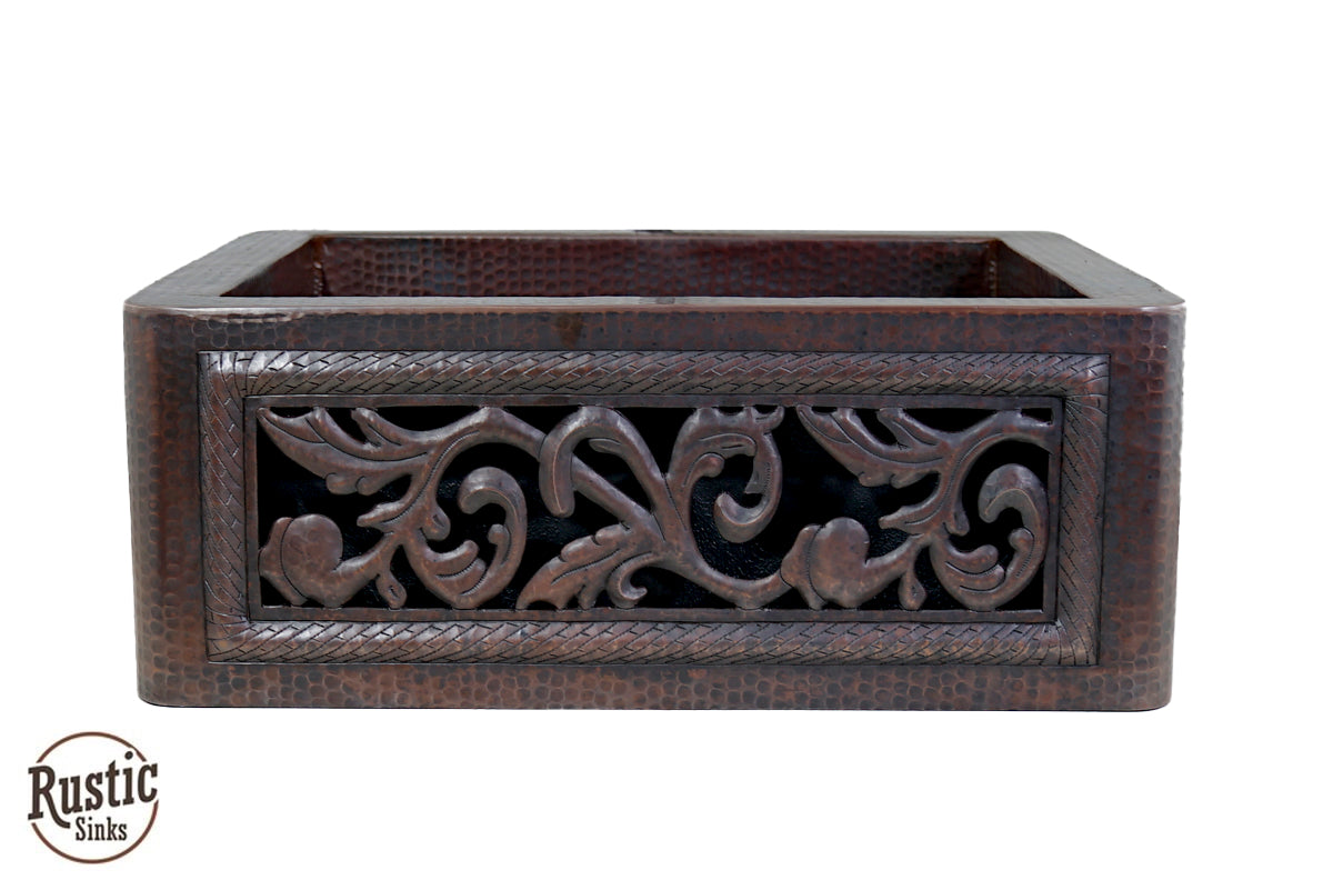 Vintage Copper Farmhouse Sink with Decorative Cutout Scroll Design - Perfect for Rustic Kitchens & Farmhouse Style Bathrooms