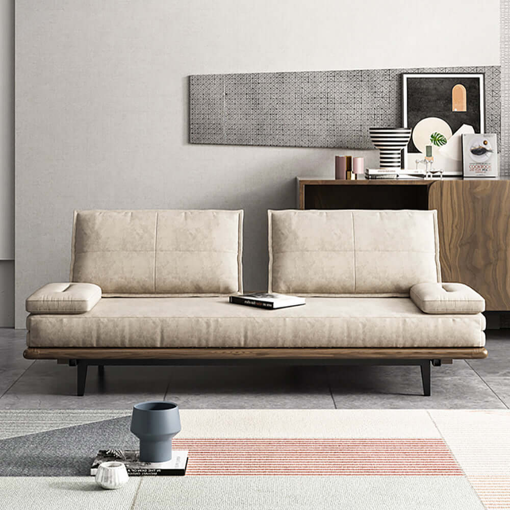 MidCentury Modern Pull Out Sofa Bed - Convertible Sleeper Sofa with Khaki Wood Frame in Cotton & Linen Fabric | Perfect for Small Spaces, Guest Rooms & Apartments