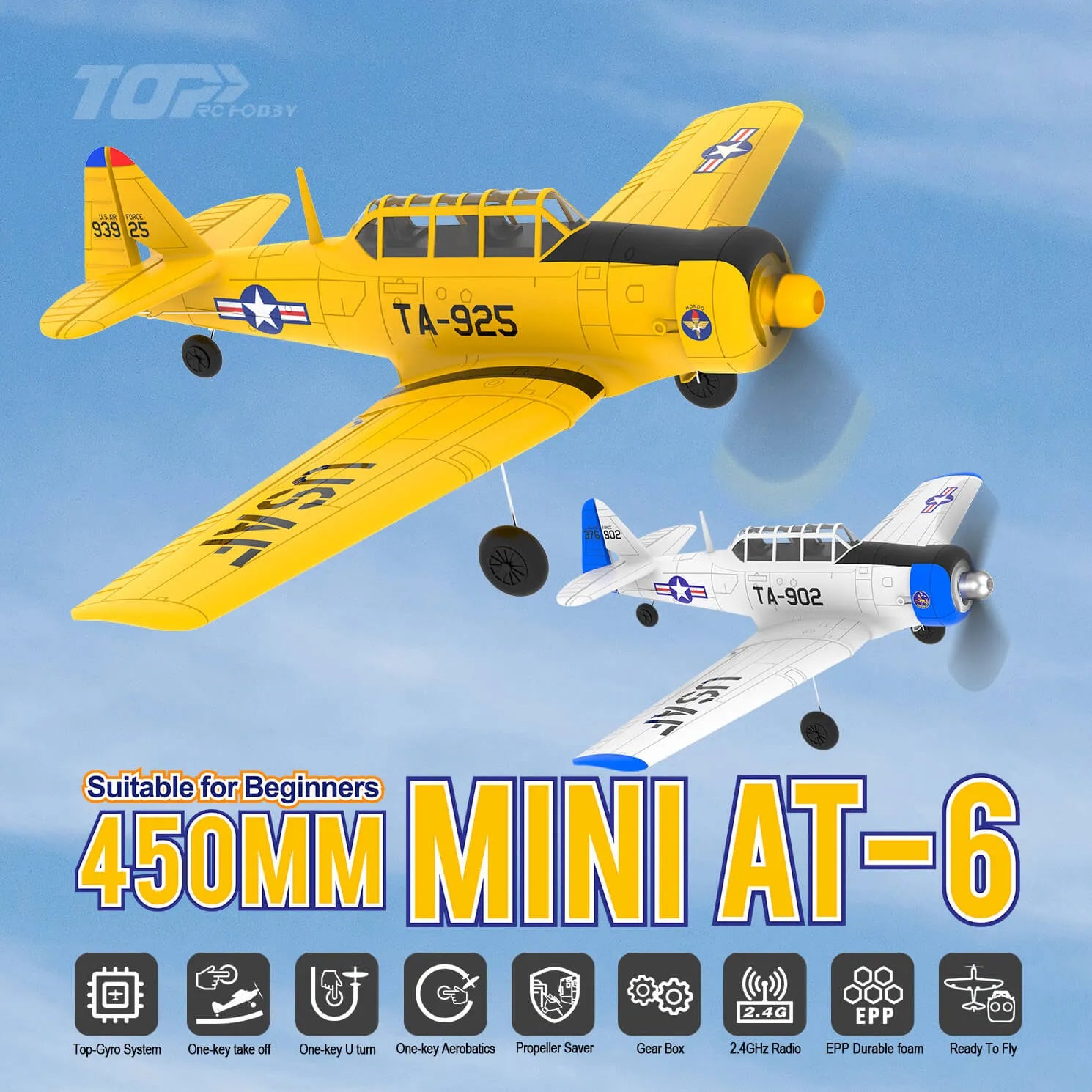 TOP RC Hobby Remote Control Airplane Mini AT6 RTF 450mm - Yellow/Silver | Ready-to-Fly RC Plane for Beginners & Adults | Perfect for Outdoor Flying, Backyard Fun & RC Hobby Enthusiasts