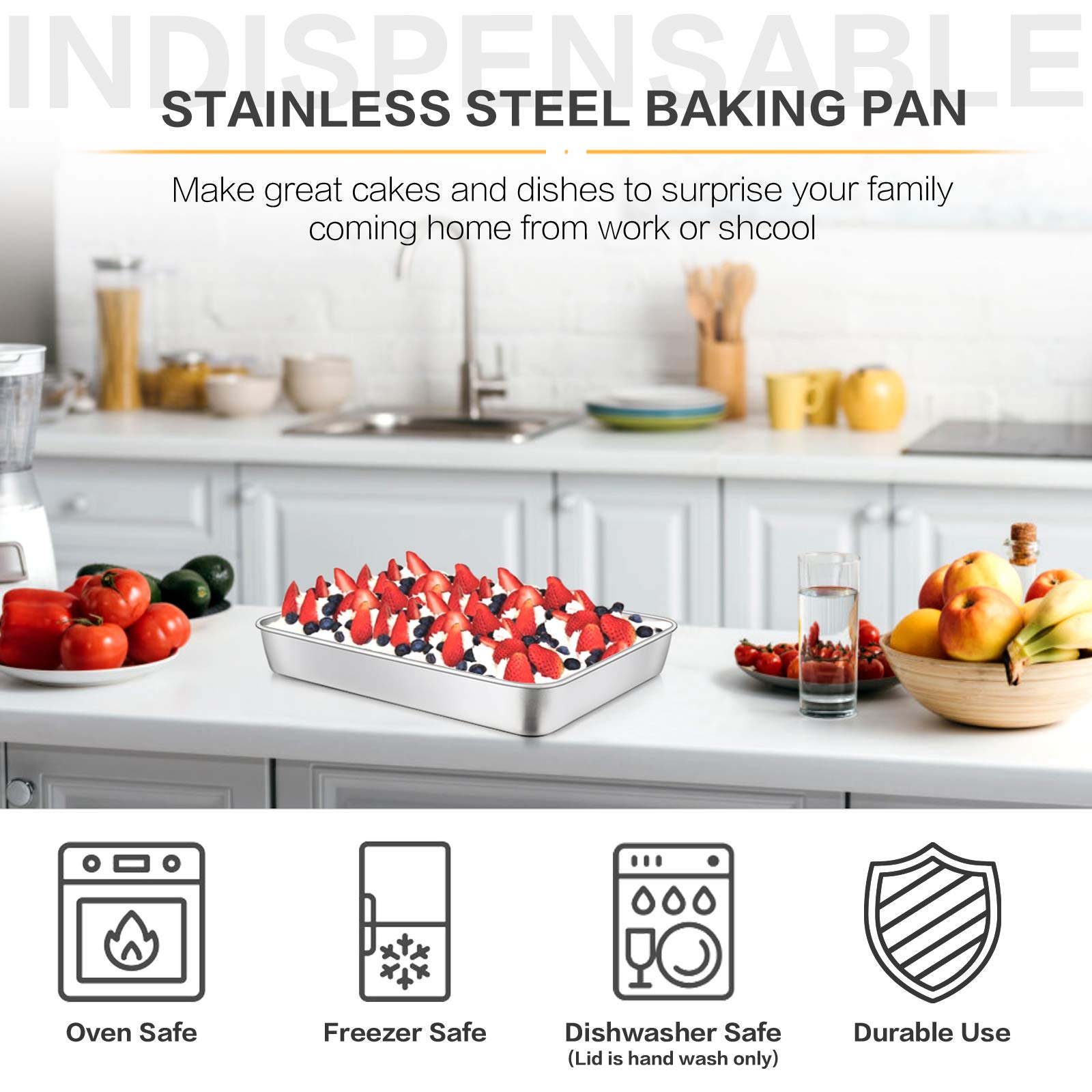 E-far Stainless Steel Baking Pan with Lid - 12.3 x 9.75 x 2 Inch Rectangular Cake Pan for Baking Cakes, Brownies, Casseroles | Non-Toxic, Heavy Duty & Dishwasher Safe Bakeware | Perfect for Home Baking, Parties & Holiday Cooking