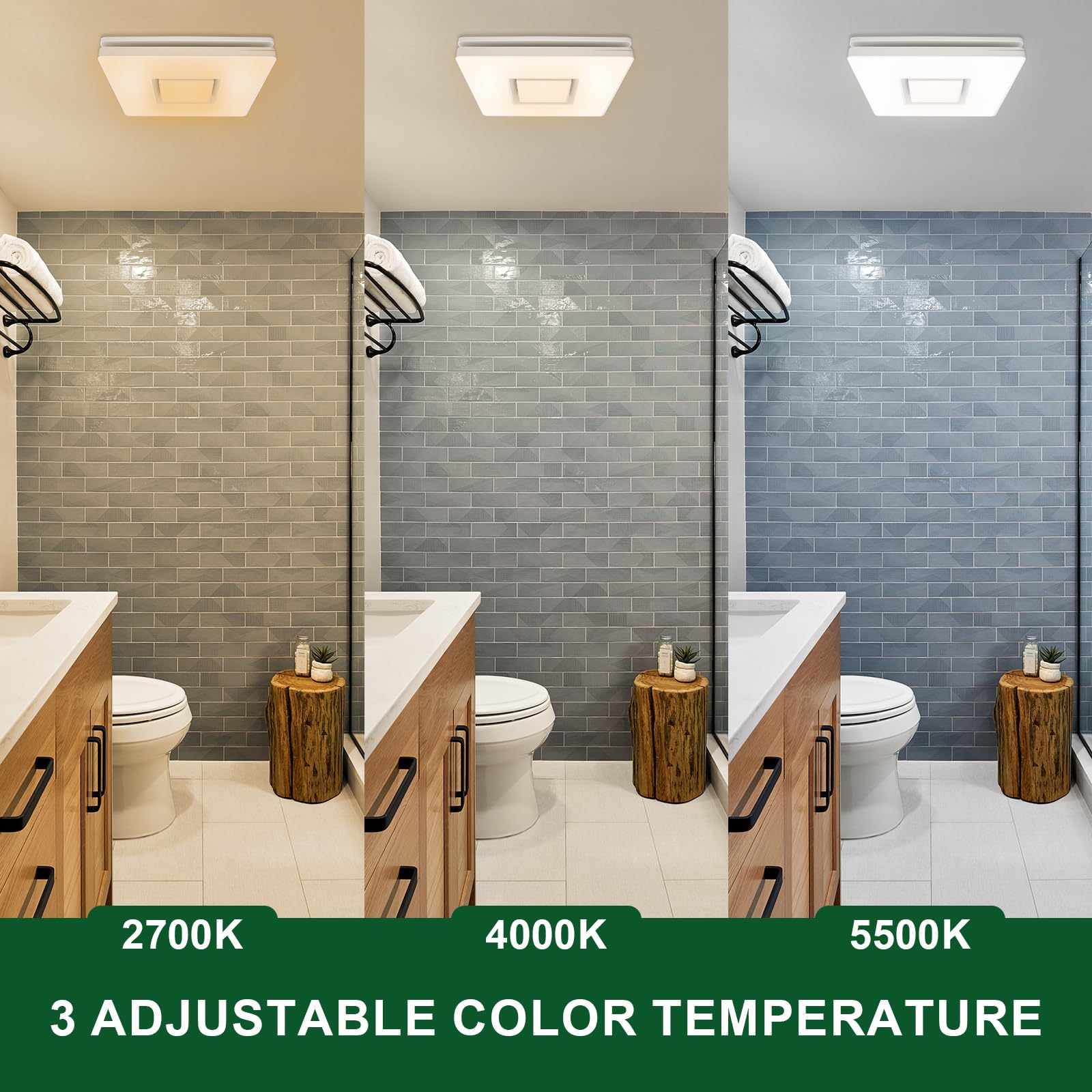 Akicon 90 CFM Bathroom Exhaust Fan with Dimmable LED Light & Night Light - 1.5 Sones Quiet Ventilation, 15W 3CCT Ceiling Fan Light Combo for Home Bathroom (Square, Black) - Perfect for Moisture Control & Air Circulation in Bathrooms, Laundry Rooms & Small Spaces