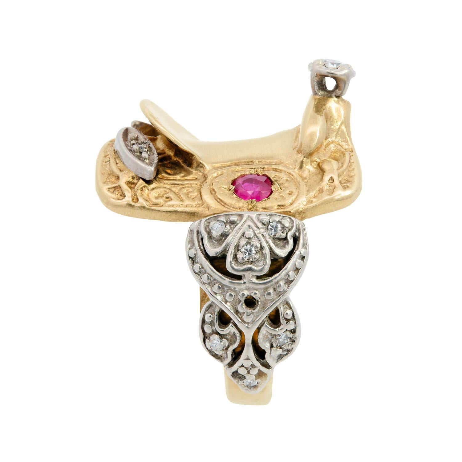 Vintage 14k Gold Mixed Metal Ruby & Diamond Saddle Ring for Women | Elegant Jewelry Gift for Anniversary, Valentine's Day & Special Occasions