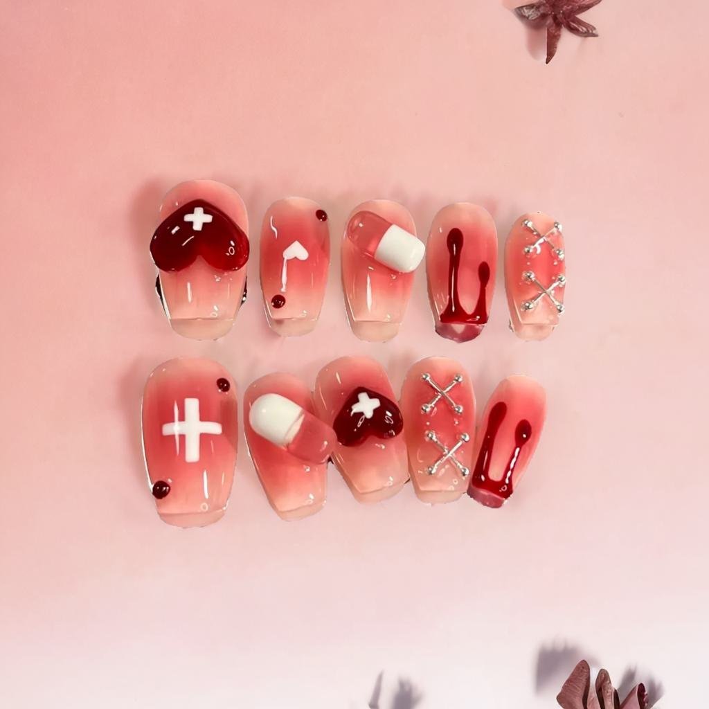 Fiery Passion Hand-Painted Press-On Nails | Long-Lasting Artificial Nails with Vibrant Designs | Perfect for Parties, Weddings & Special Occasions