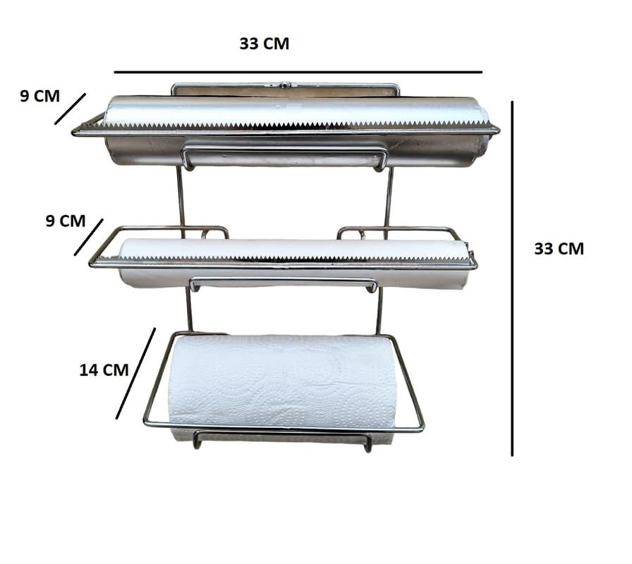 3-in-1 Wall Mount Paper Towel Holder & Plastic Wrap Dispenser - Chrome Finish | Space Saving Kitchen Organizer for Foil, Parchment & Wax Paper Rolls