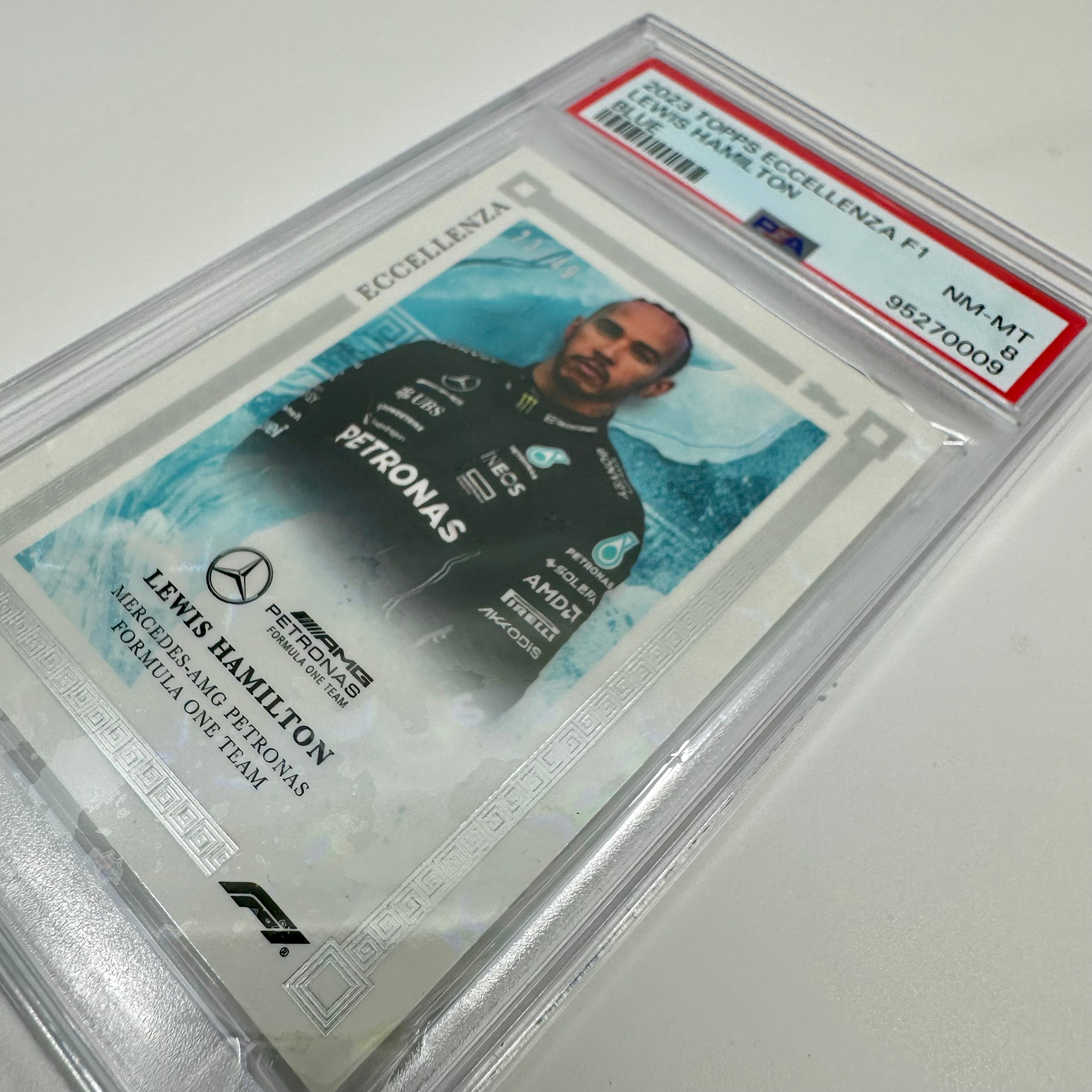 2023 Lewis Hamilton Blue Eccellenza Trading Card PSA 8 23/49 - Perfect for Collectors, Sports Memorabilia Enthusiasts, and Formula 1 Fans