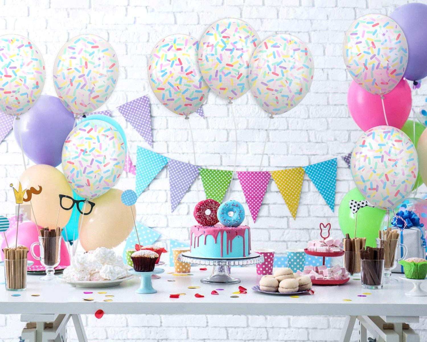 Sprinkle Confetti Balloons | Pastel Rainbow Pre-Filled 12 Inch | Ice Cream Donut Theme | Perfect for Birthday Parties, Baby Showers, and Festive Events (16 Pack)