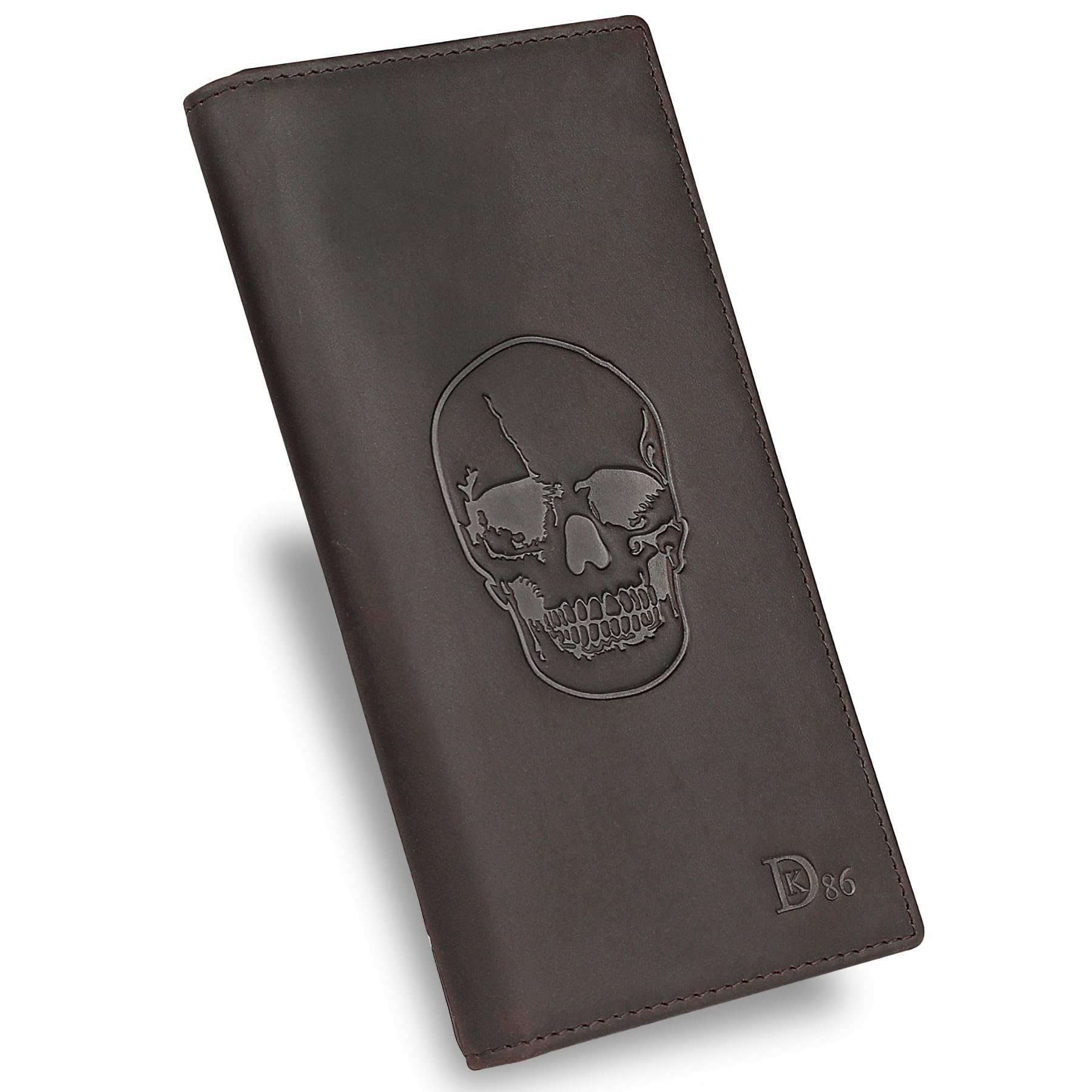 DK86 Skull Long Wallet for Men - Premium Full Grain Leather RFID Blocking Bifold Wallet - Rodeo & Gothic Style - Coffee Brown - Perfect for Everyday Use, Travel & Gift Giving