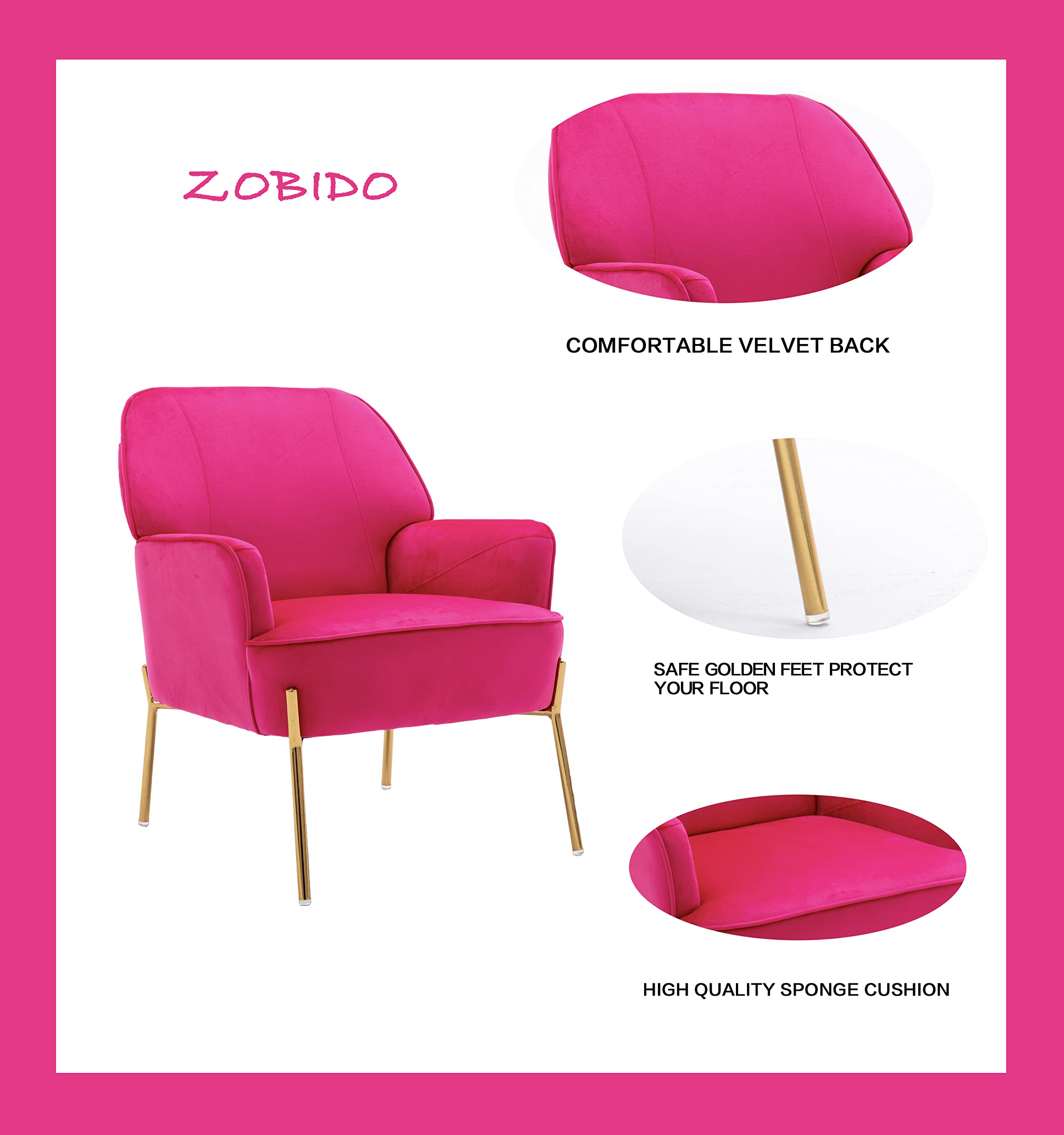 Luxury Velvet Accent Chair with Glam Metal Legs - Modern Comfort for Living Room, Bedroom & Dining Room - Rose Red Upholstered Armchair for Home Decor & Beauty Salon Use